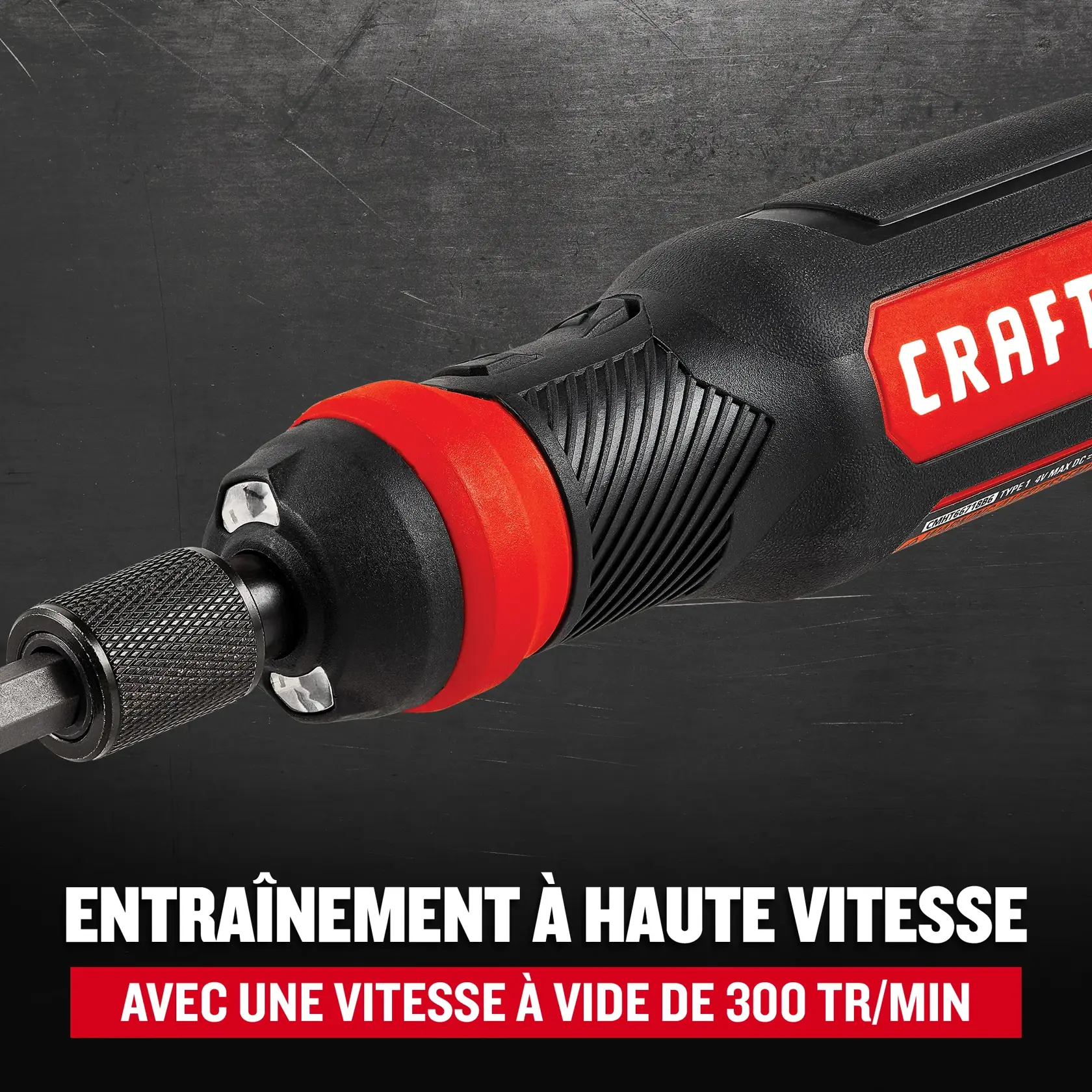 Craftsman graphics CMHT66718B20 outil rotatif noir et rouge haute vitesse vue de côté sur fond sombre