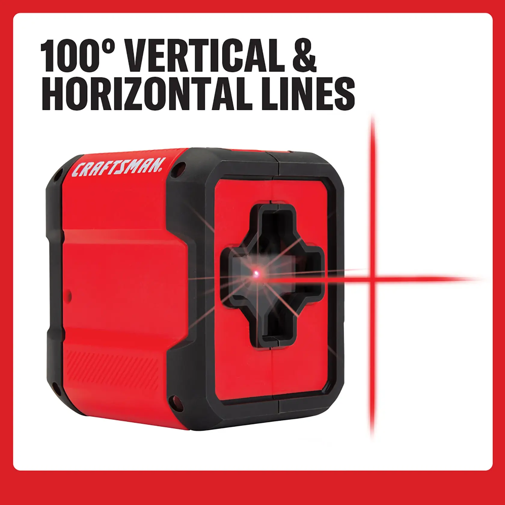 A red and black Craftsman laser level tool projecting 100-degree vertical and horizontal red laser lines, as indicated by the text above the device.
