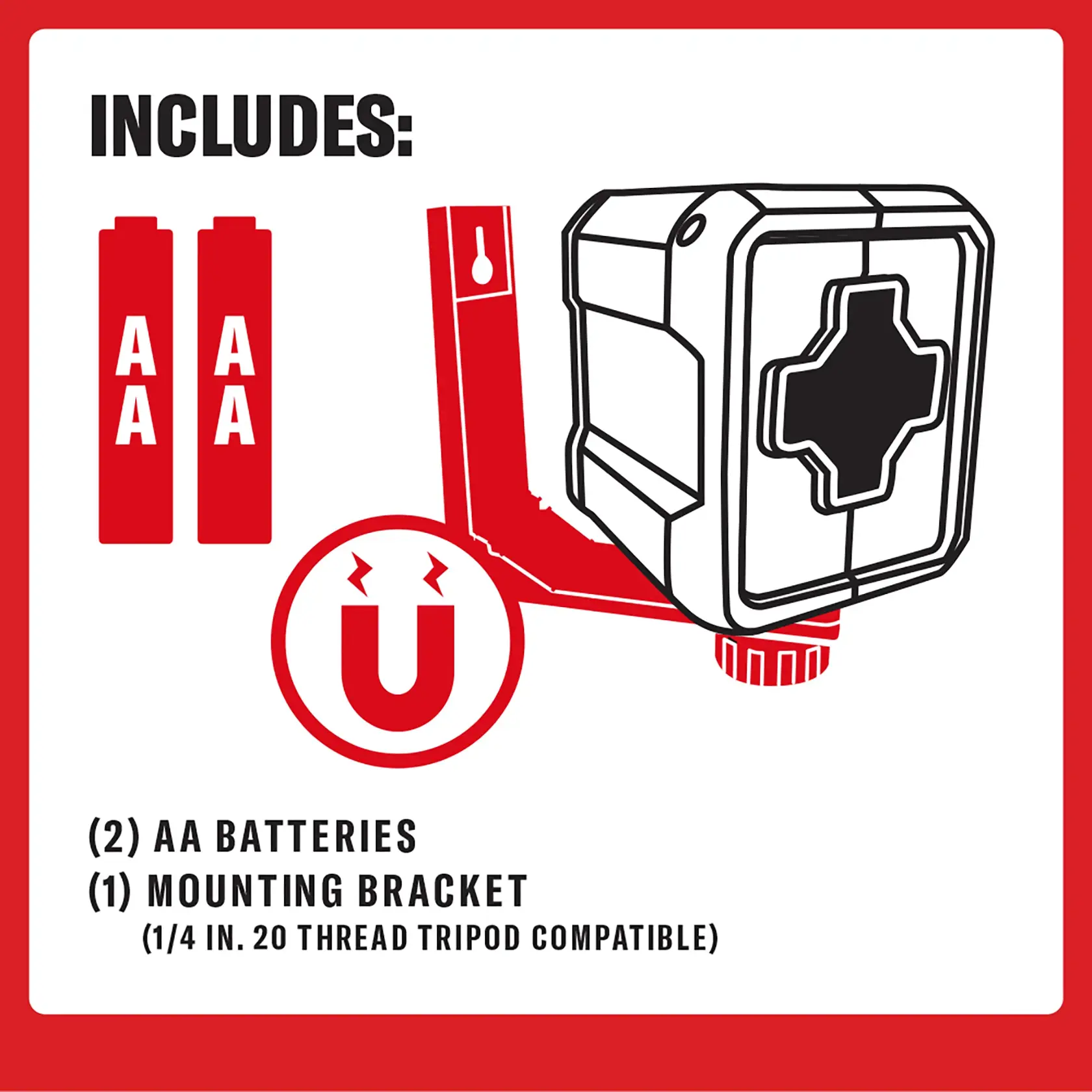 Illustration showing product package contents: two AA batteries, one mounting bracket with a magnet, and a device compatible with a 1/4 inch 20 thread tripod. Text reads 'Includes: (2) AA batteries, (1) mounting bracket (1/4 in. 20 thread tripod compatible)'.
