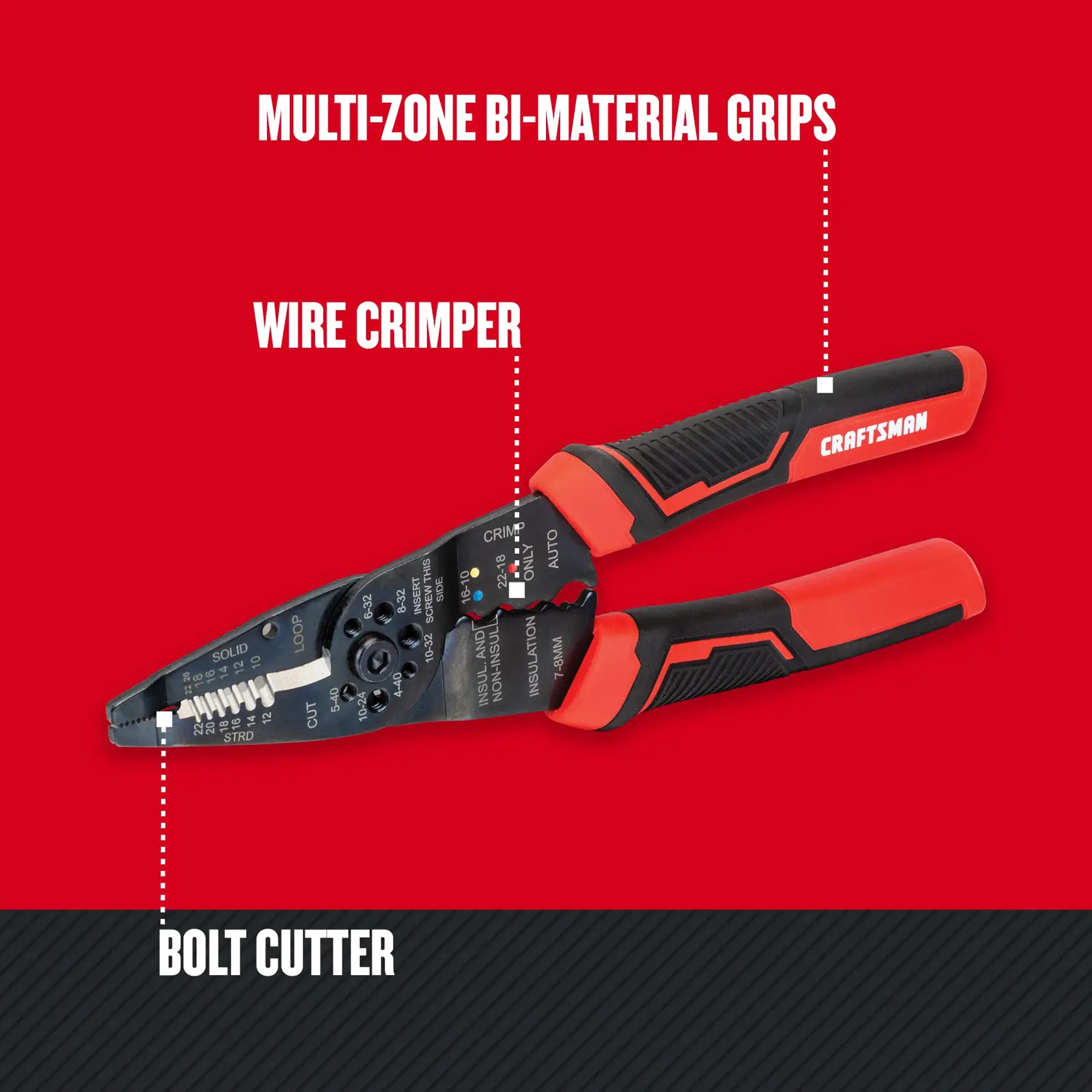Graphic of CRAFTSMAN Wire Crimper highlighting product features