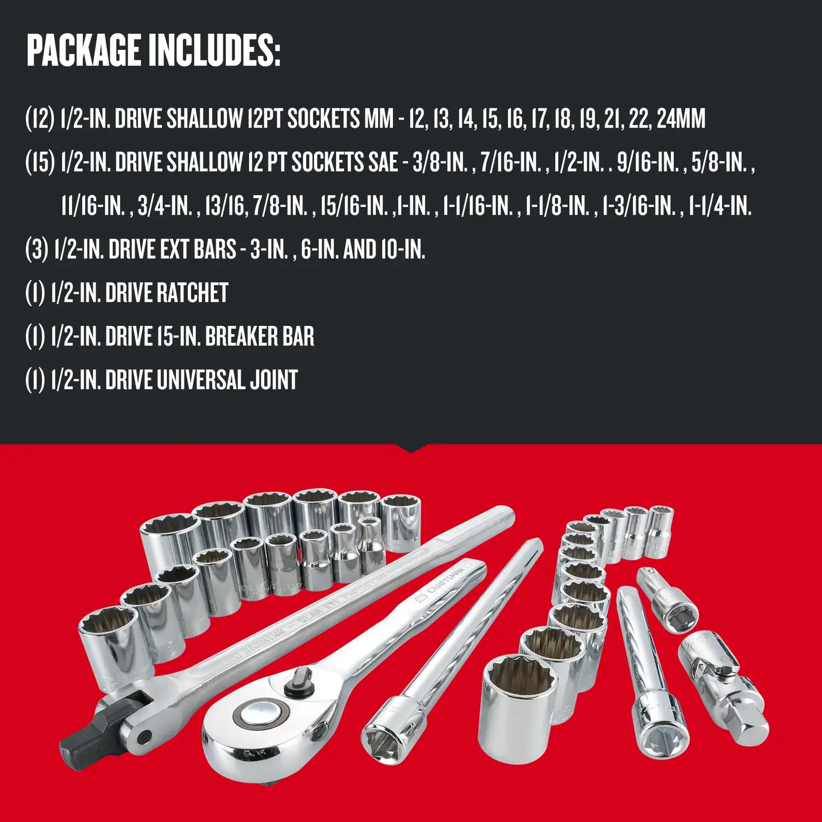 Graphic of CRAFTSMAN Mechanics Tool Set highlighting product features