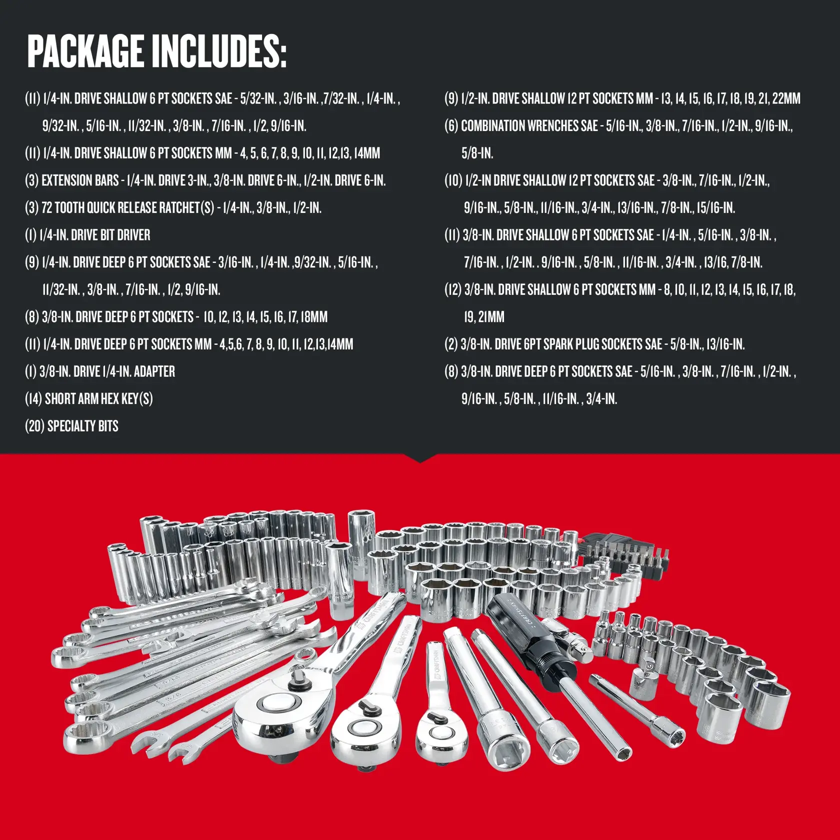 Graphic of CRAFTSMAN Mechanics Tool Set highlighting product features
