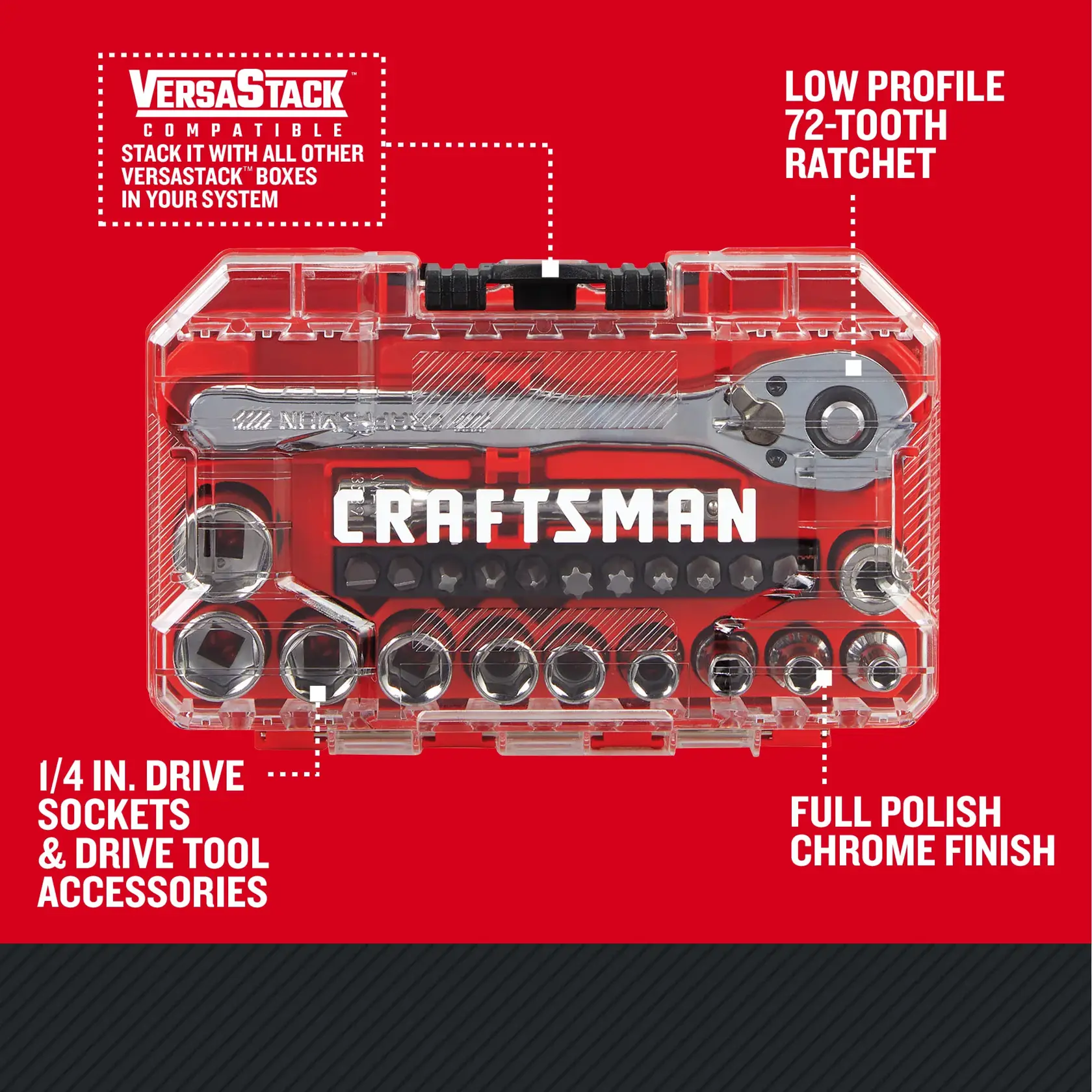 CRAFTSMAN Low Profile 24 piece 1/4 inch drive SAE NANO MECHANICS TOOL SET with features and benefits highlighted