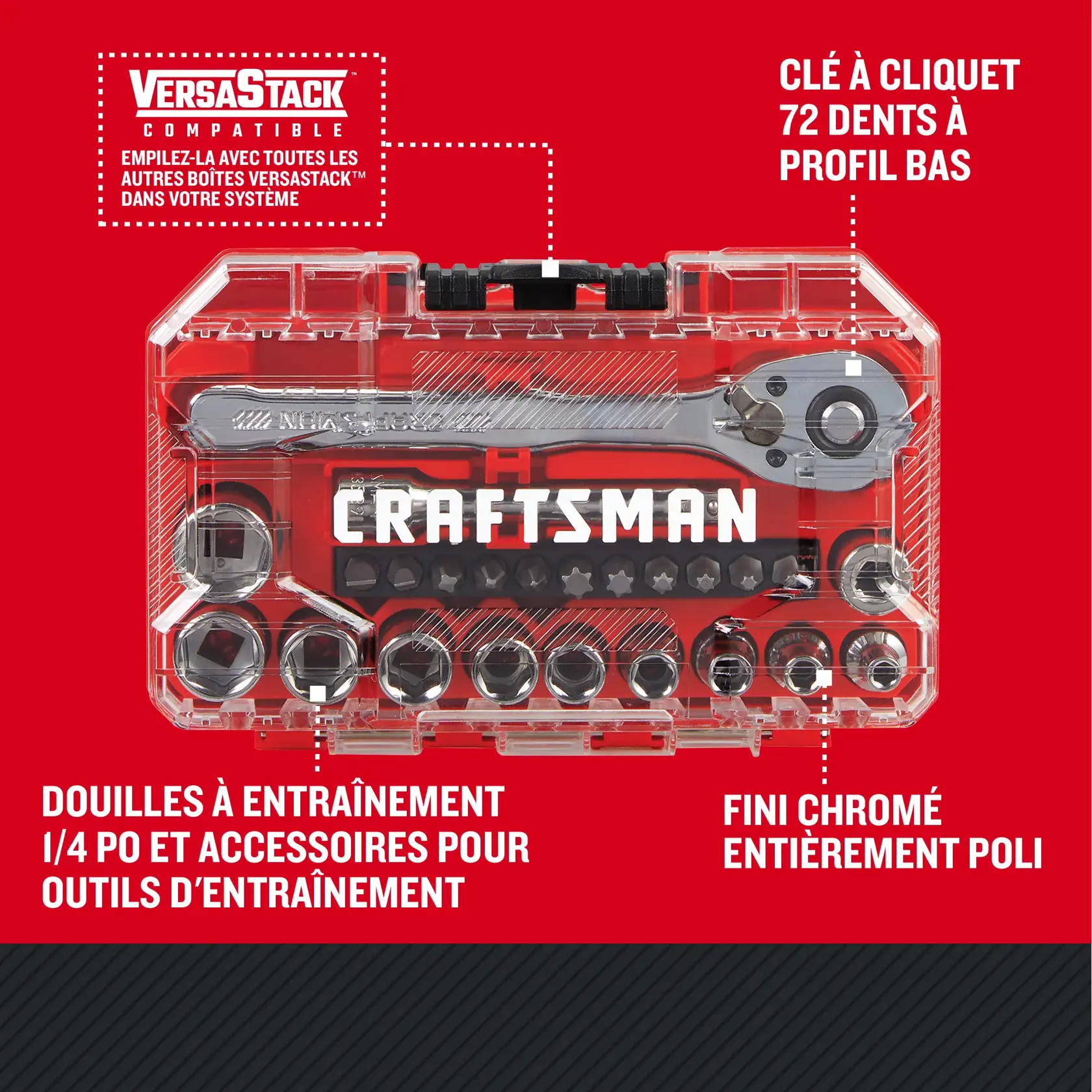 Caractèristiques de l'ensemble d'outils pour mécanicien 24 pièces à profil bas 1/4 po CRAFSTMAN