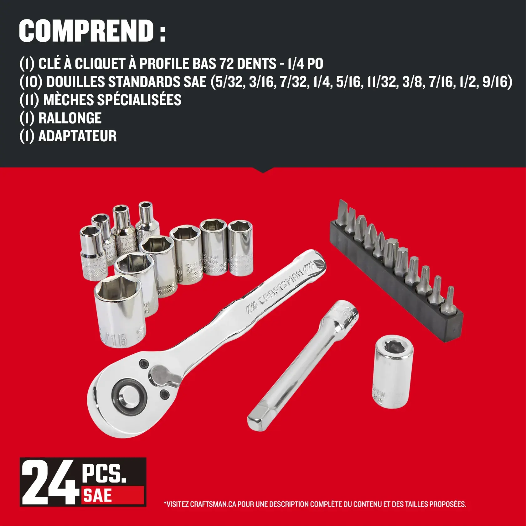 Contenu de l'ensemble d'outils pour mécanicien 24 pièces à profil bas 1/4 po CRAFSTMAN