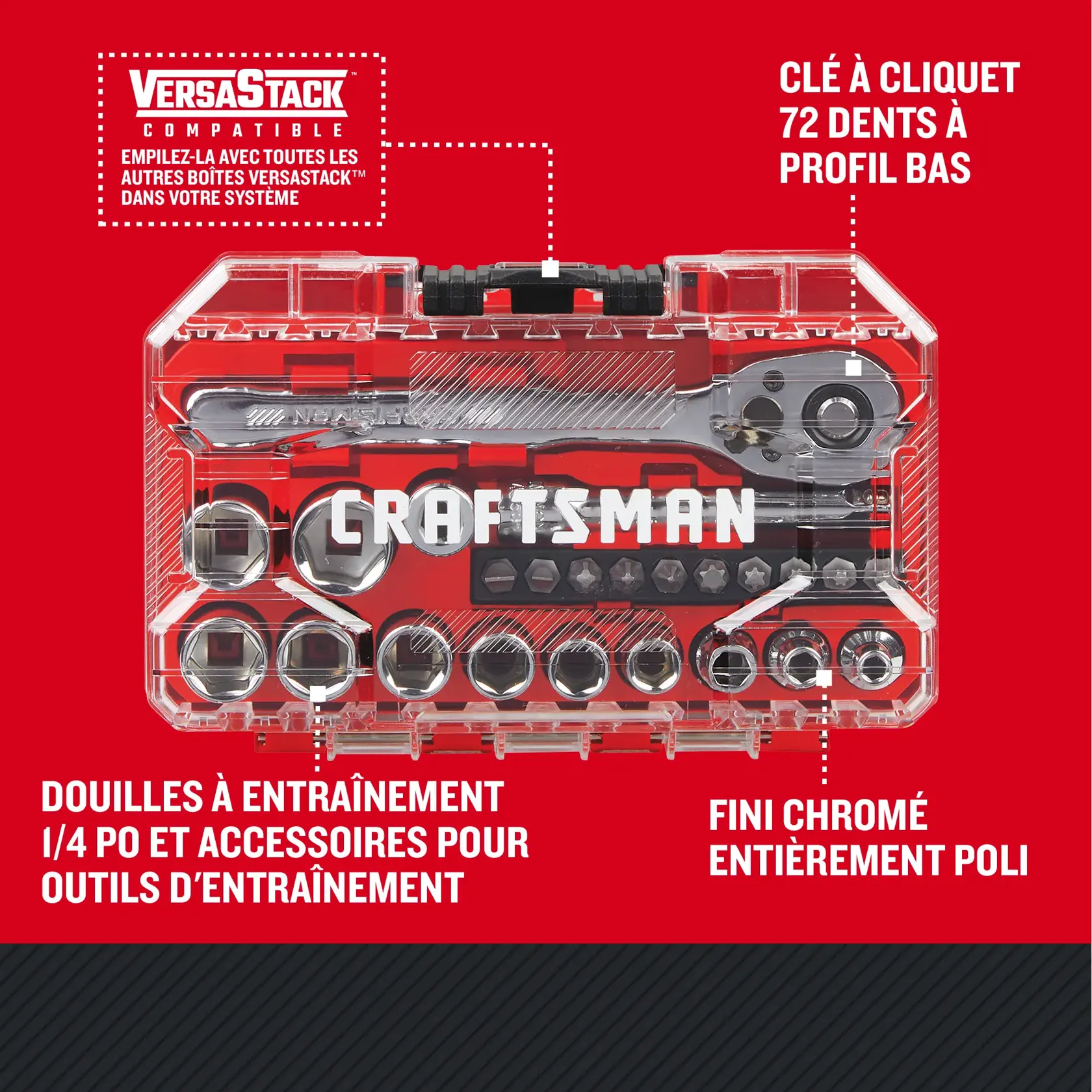 Caractèristiques de l'ensemble d'outils pour mécanicien 24 pièces à profil bas 1/4 po CRAFTSMAN
