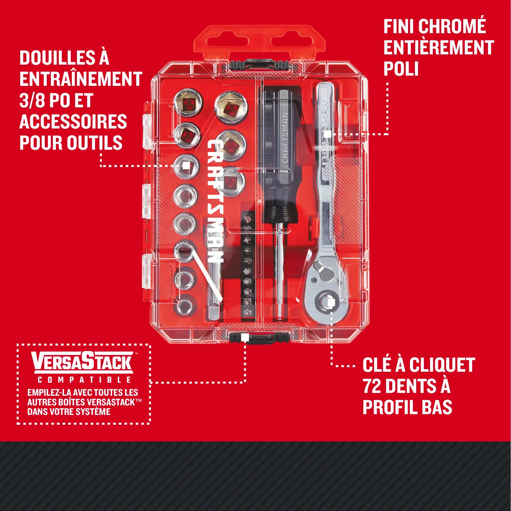 Caractèristiques de l'ensemble d'outils pour mécanicien 24 pièces à profil bas 3/8 po CRAFTSMAN