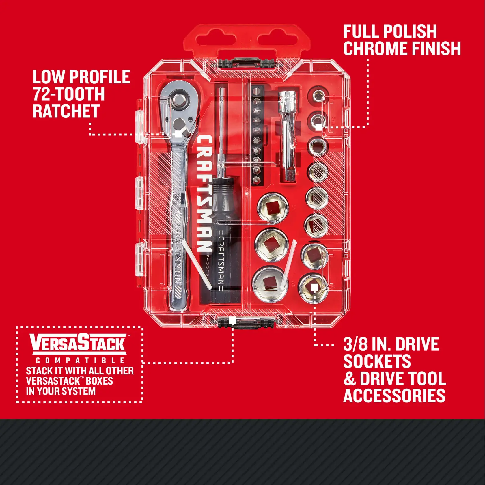 CRAFTSMAN Low Profile 24 piece 3/8 inch drive NANO MECHANICS TOOL SET with features and benefits highlighted