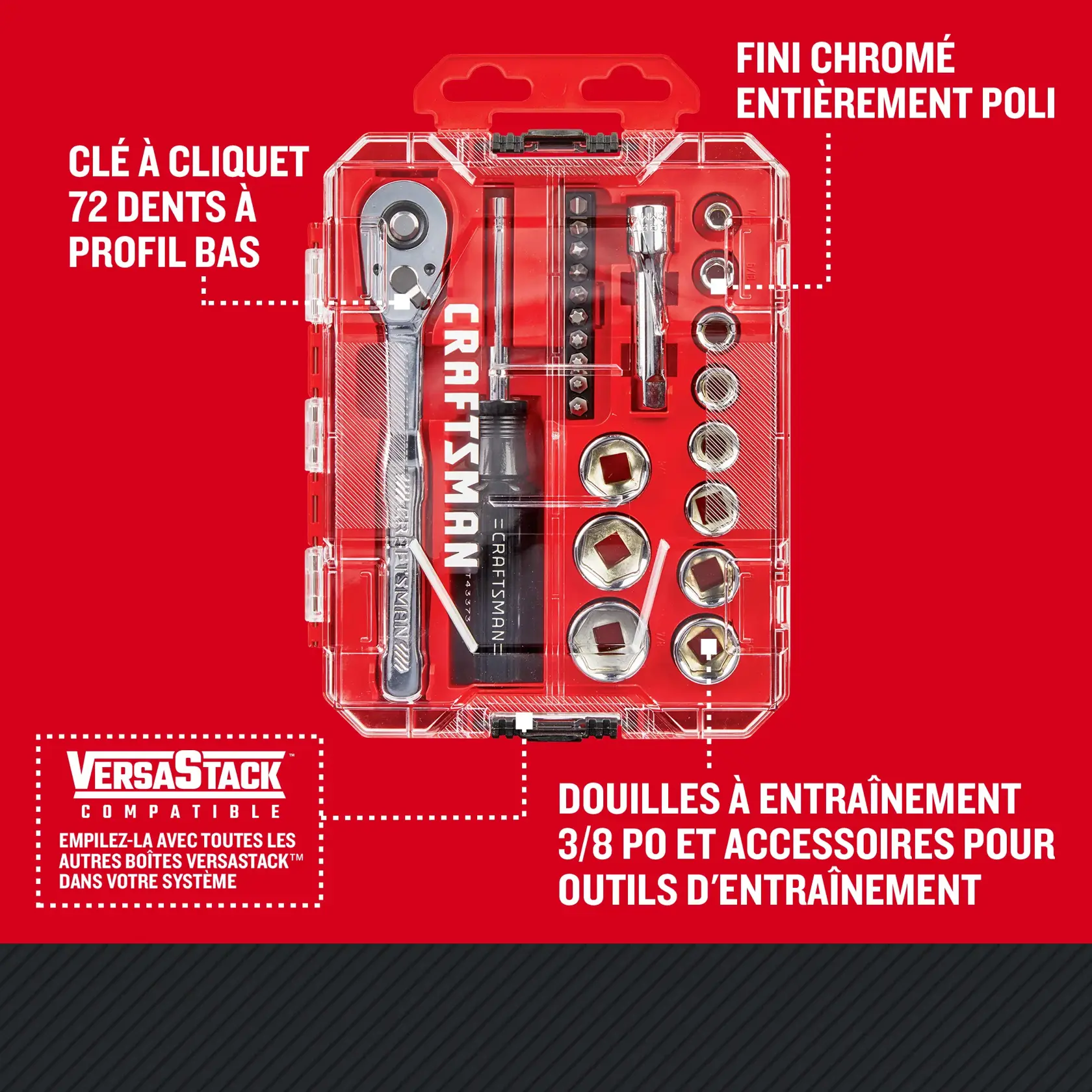 Caractèristiques de l'ensemble d'outils pour mécanicien 24 pièces à profil bas 3/8 po CRAFTSMAN