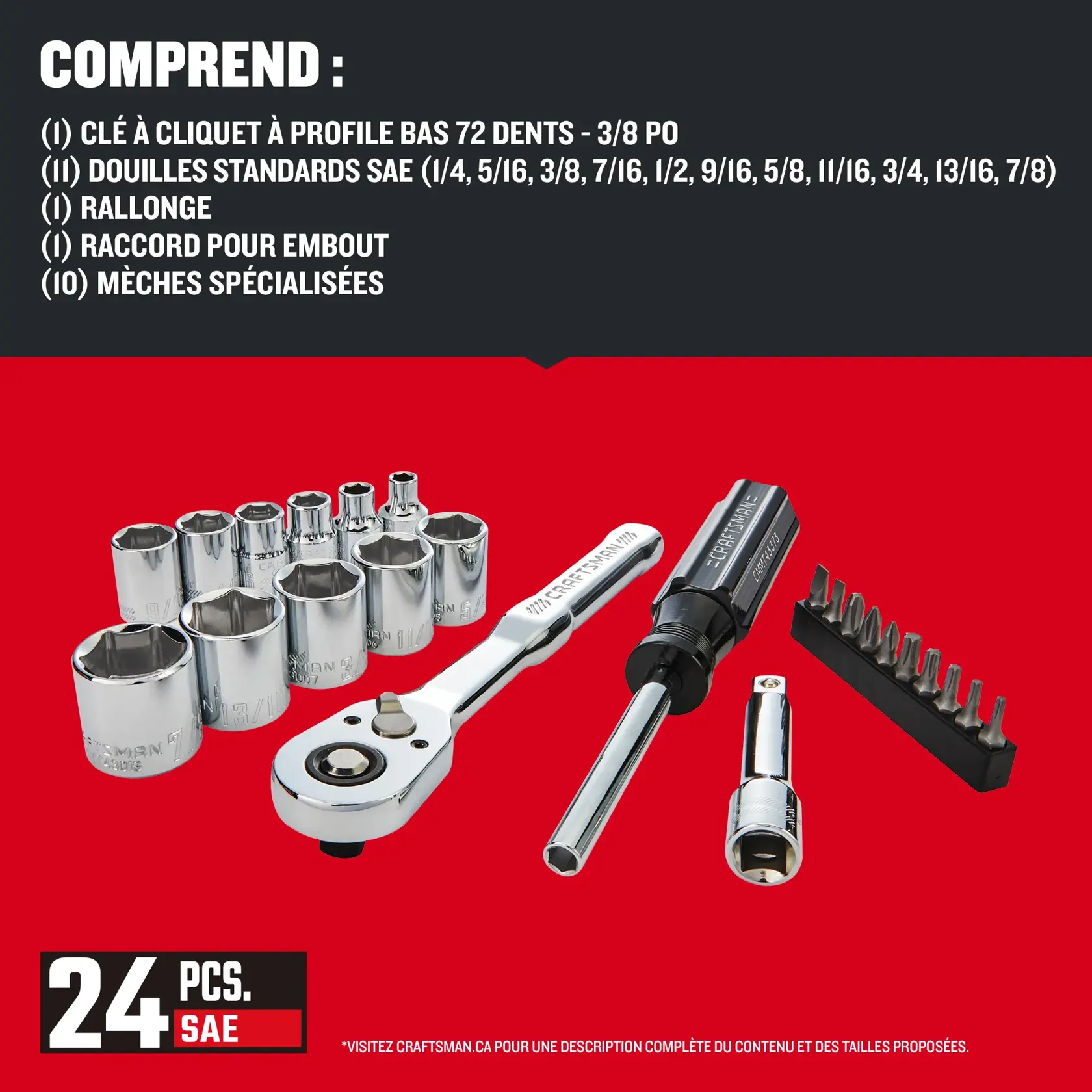 Contenu de l'ensemble d'outils pour mécanicien 24 pièces à profil bas 3/8 po CRAFTSMAN