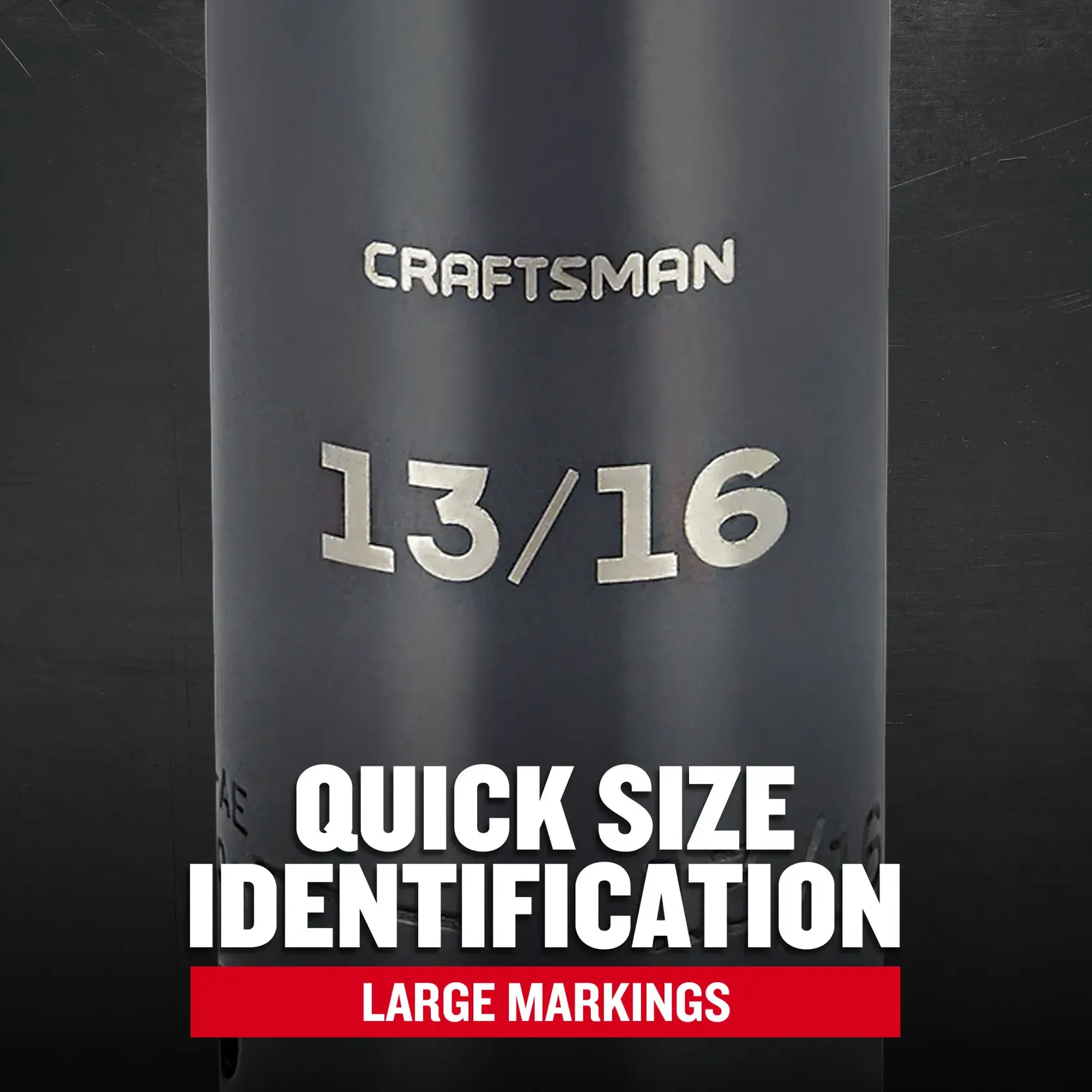 Photo of Craftsman socket with 13/16 size, CMMT16062, graphics highlight quick size identification.