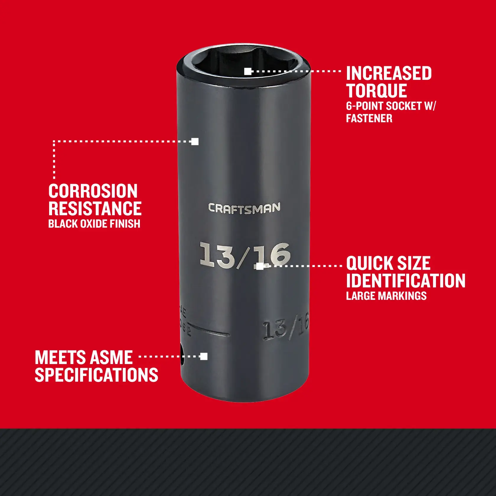 CRAFTSMAN 13/16 inch black oxide 6-point socket, SKU CMMT16062, tool graphics on red background, front angle.
