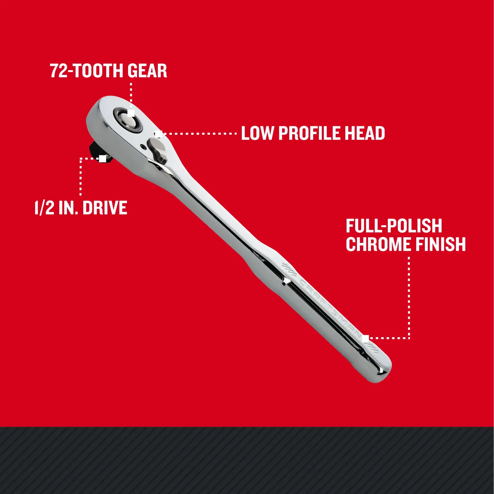 CRAFTSMAN Low Profile 1/2IN DRIVE 72 TOOTH PEAR HEAD RATCHET with features and benefits highlighted