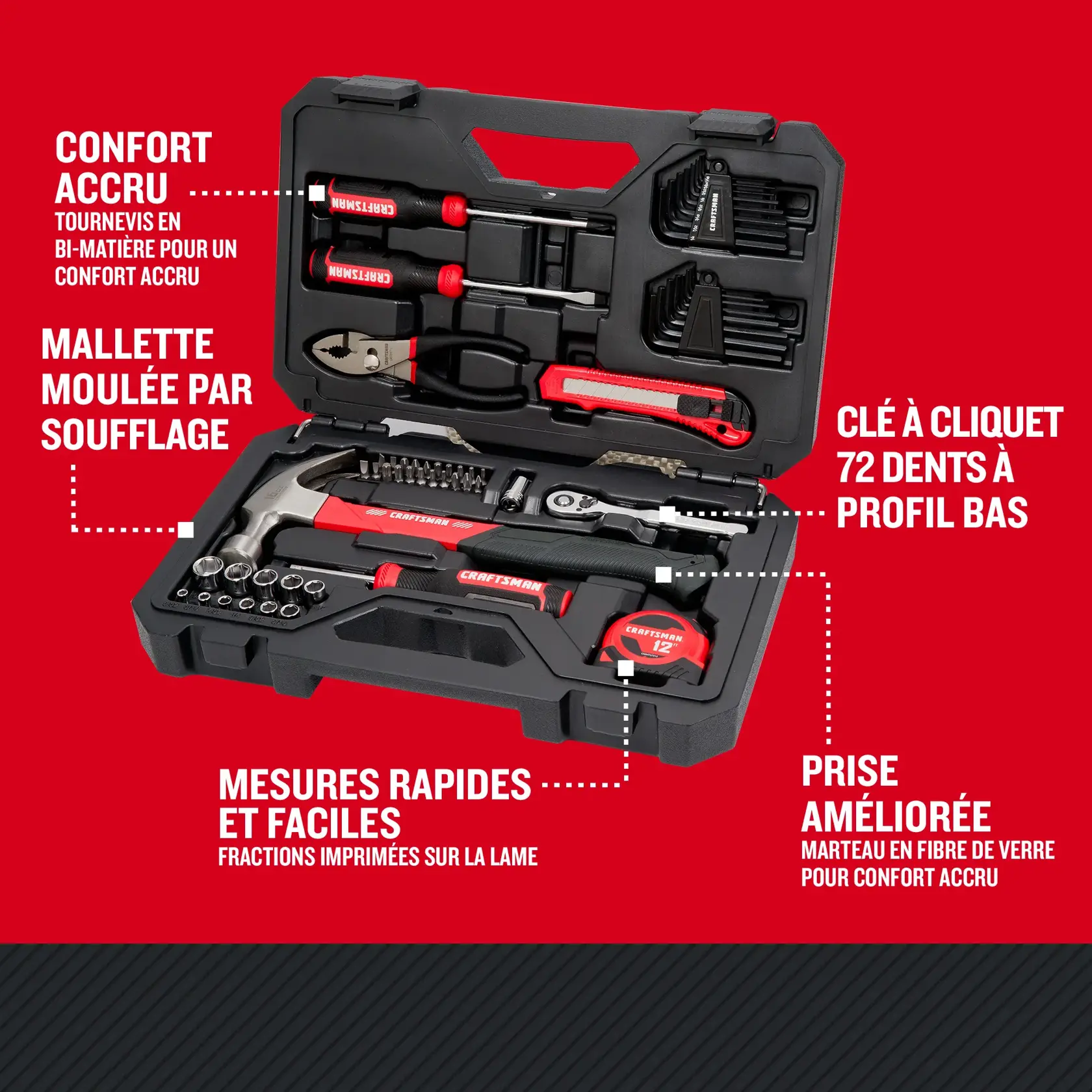Caractèristiques de l'ensemble d'outils de mécanique mixte 57 pièces à profil bas CRAFTSMAN