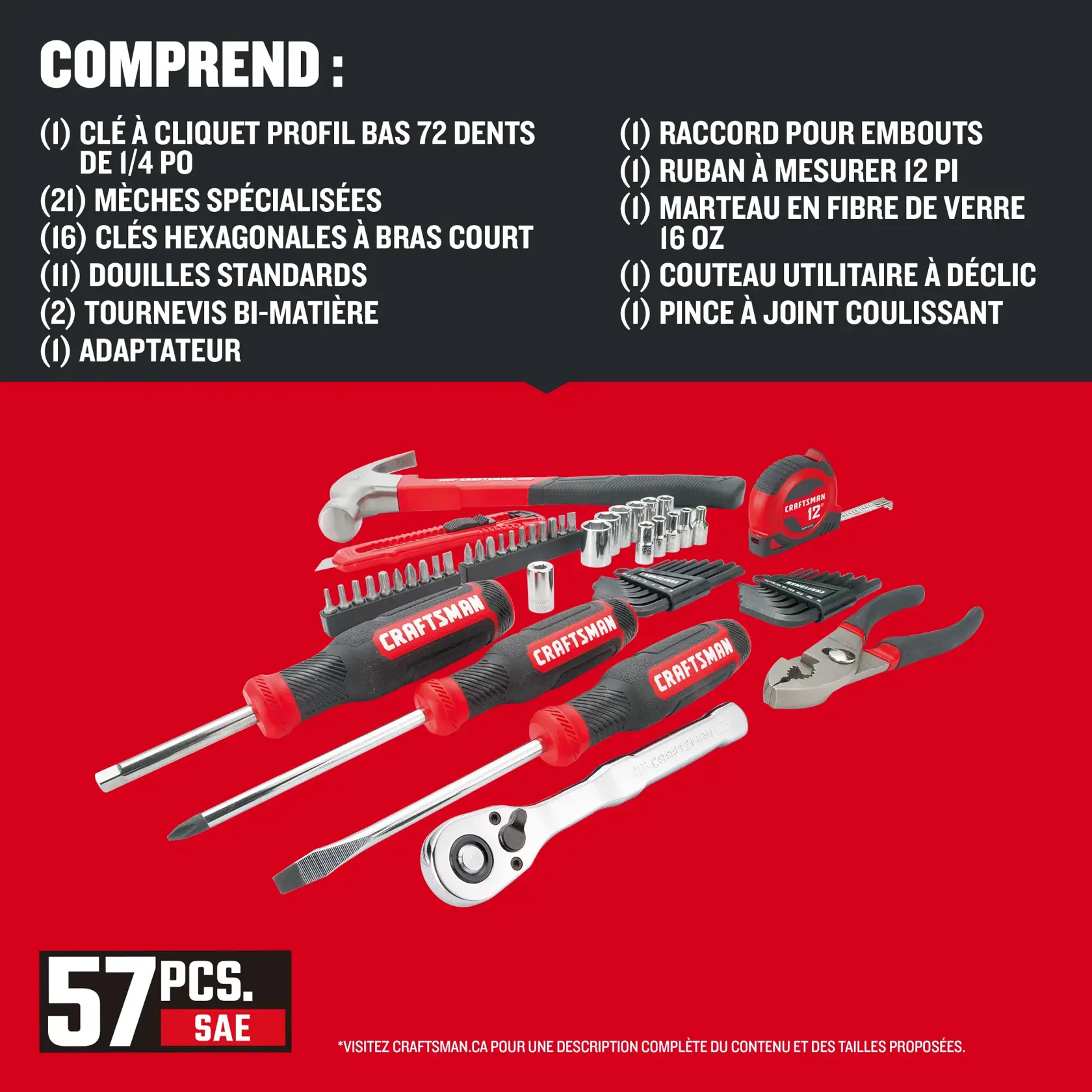 Contenu de l'ensemble d'outils de mécanique mixte 57 pièces à profil bas CRAFTSMAN