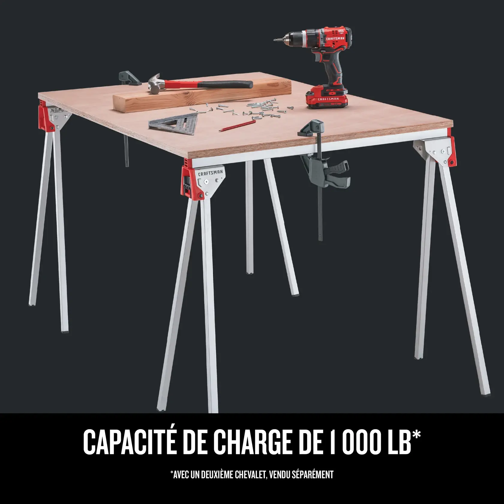 Des Tréteaux métallique utilisés comme table de travail, avec un texte mettant en évidence un support allant jusqu'à 1 000 livres lors de l'utilisation de deux