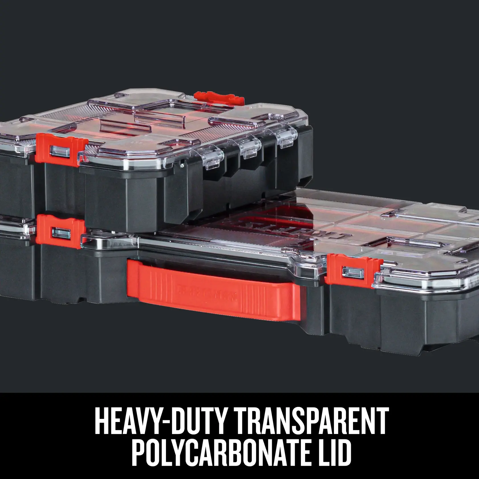 Craftsman VersaStack 20-Compartment Organizer on dark graphic background