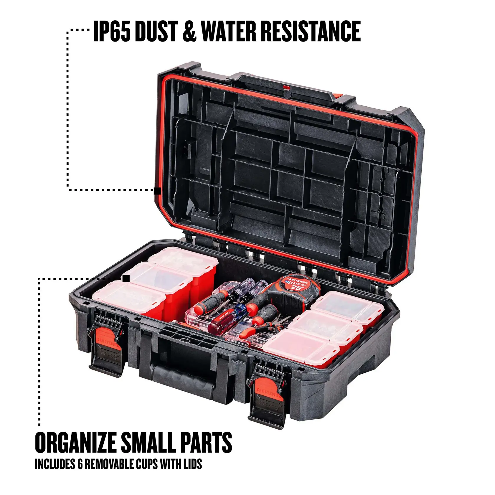 IP65 dust and water resistance, organize small parts. Includes six removable cups with lids