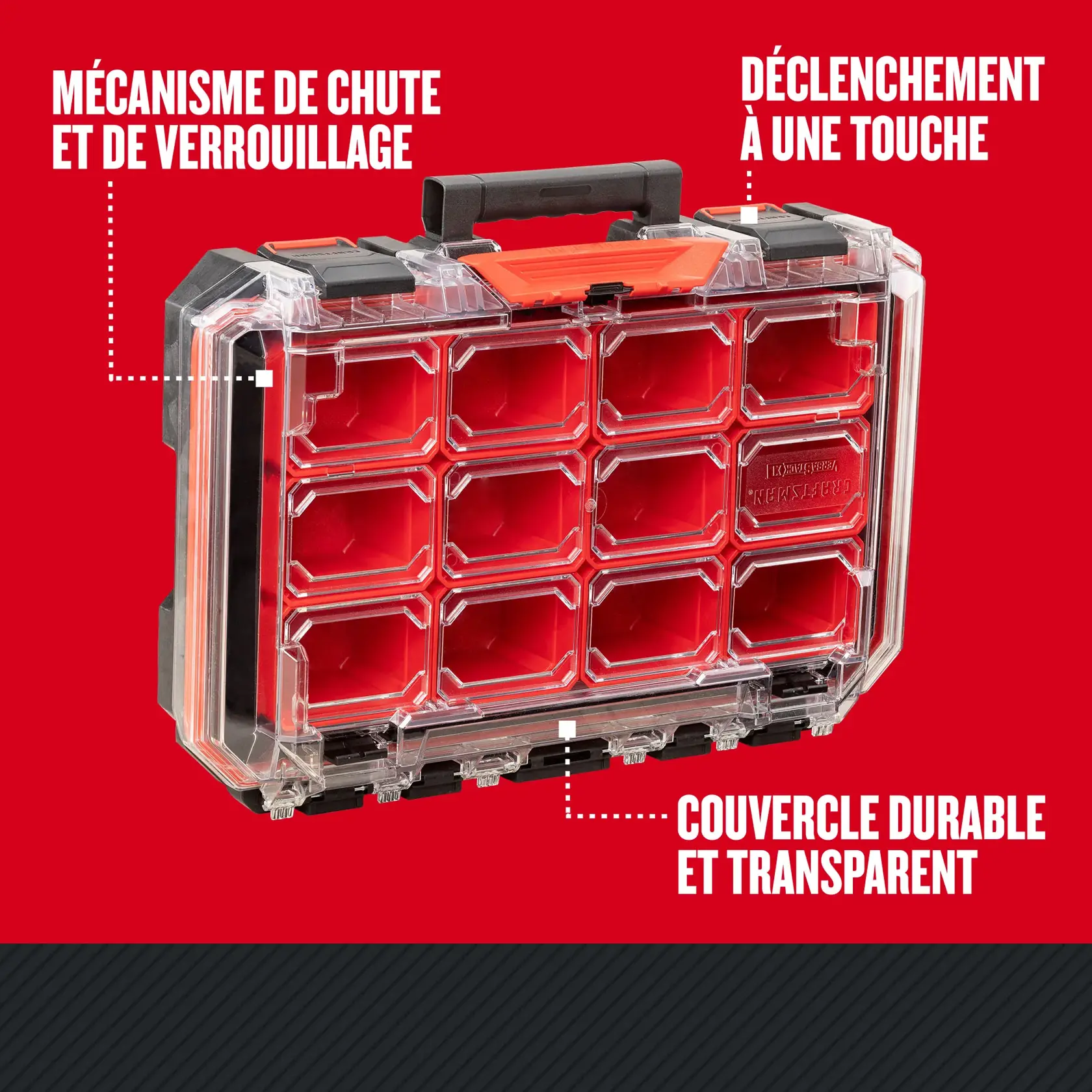 Photo du CRAFTSMAN CMST21417, organiseur avec couvercle transparent, compartiments rouges et poignée noire, vue de face.