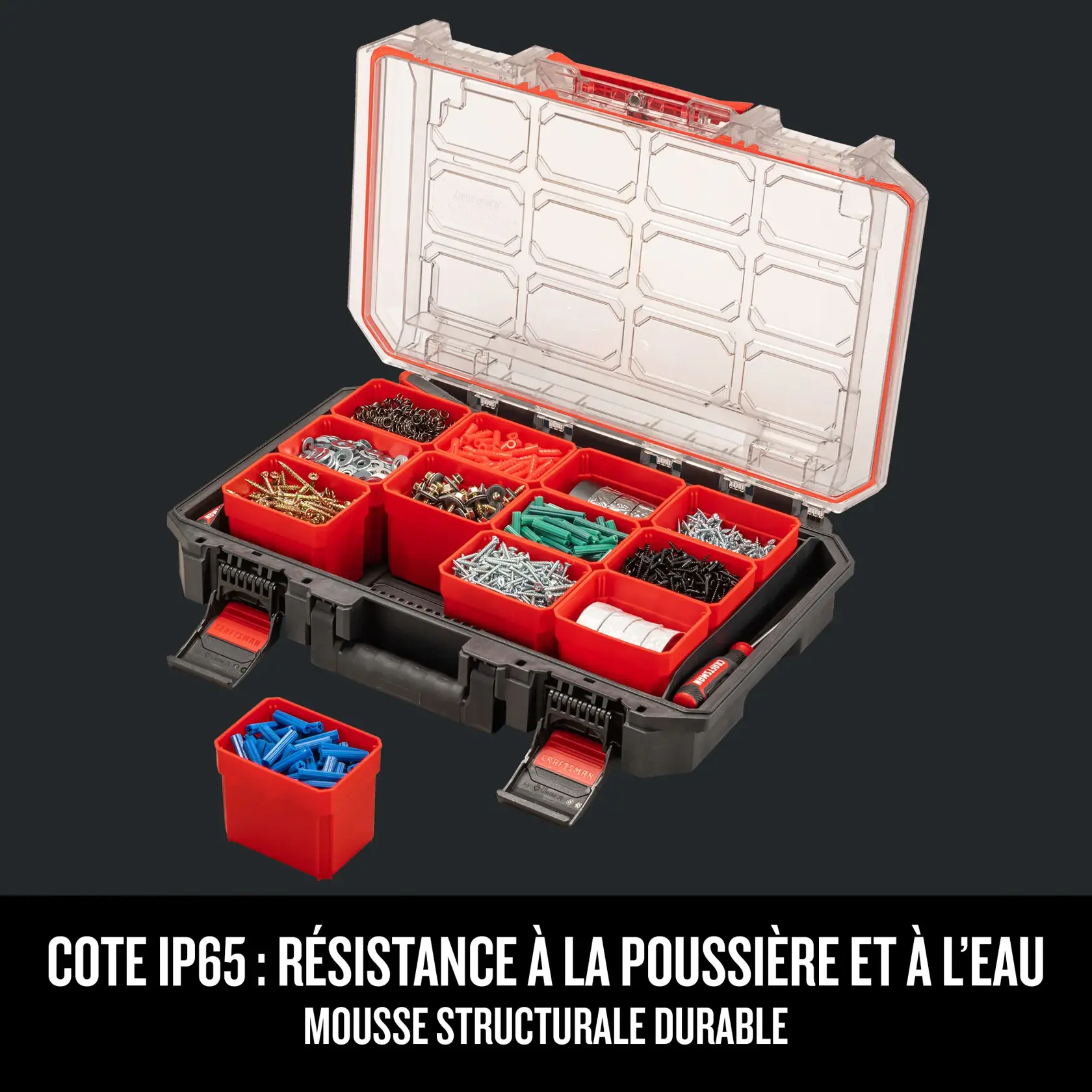 Photo de l’organiseur CRAFTSMAN CMST21417 avec compartiments rouges amovibles, couvercle transparent, rempli de vis et chevilles.