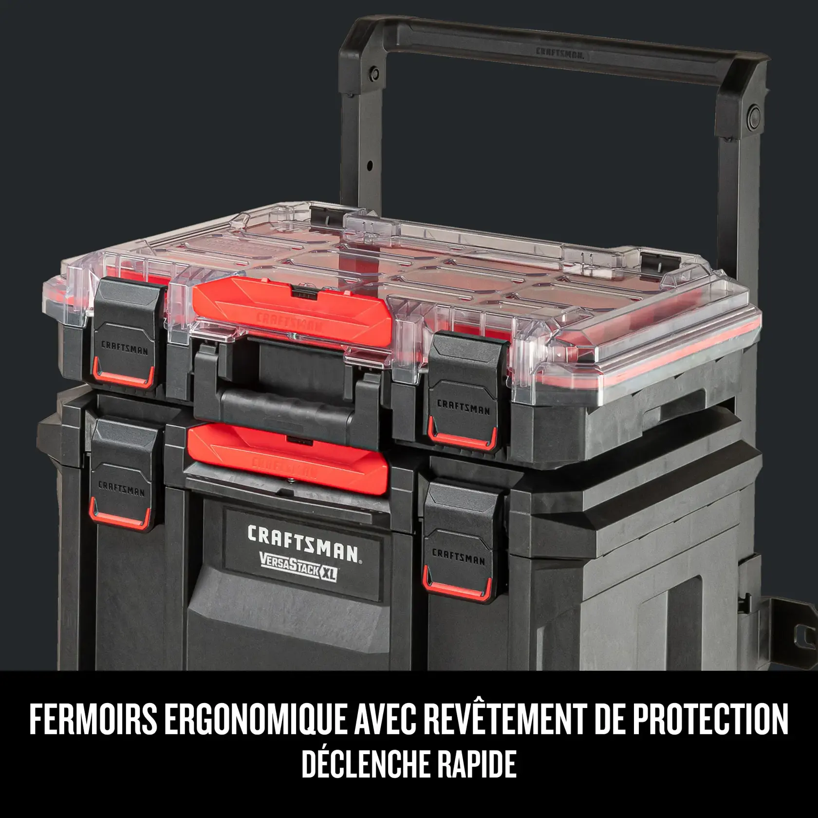 Coffre à outils empilable Craftsman CMST21417 noir et rouge avec couvercle transparent, loquets ergonomiques, vue de face.
