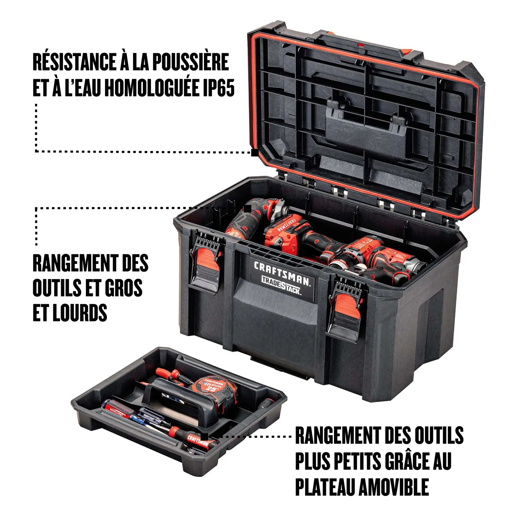 Résistance à la poussière et à l’eau homologue IP65, rangement des outils et gros et lourds, rangement des outils plus petits grâce au plateau amovible