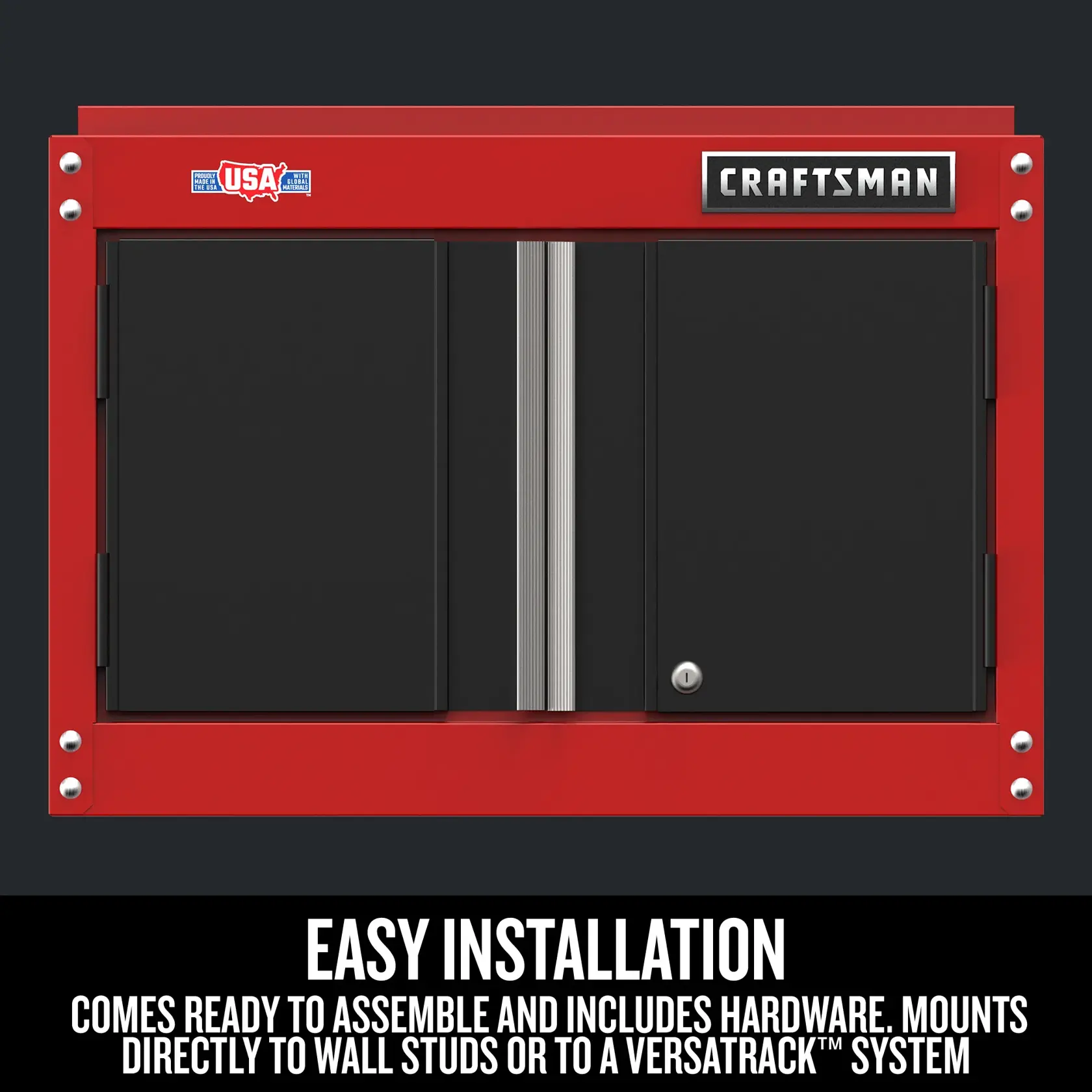 Photo of Craftsman wall cabinet CMST21802RB, red and black metal, front angle with dual doors and lock.