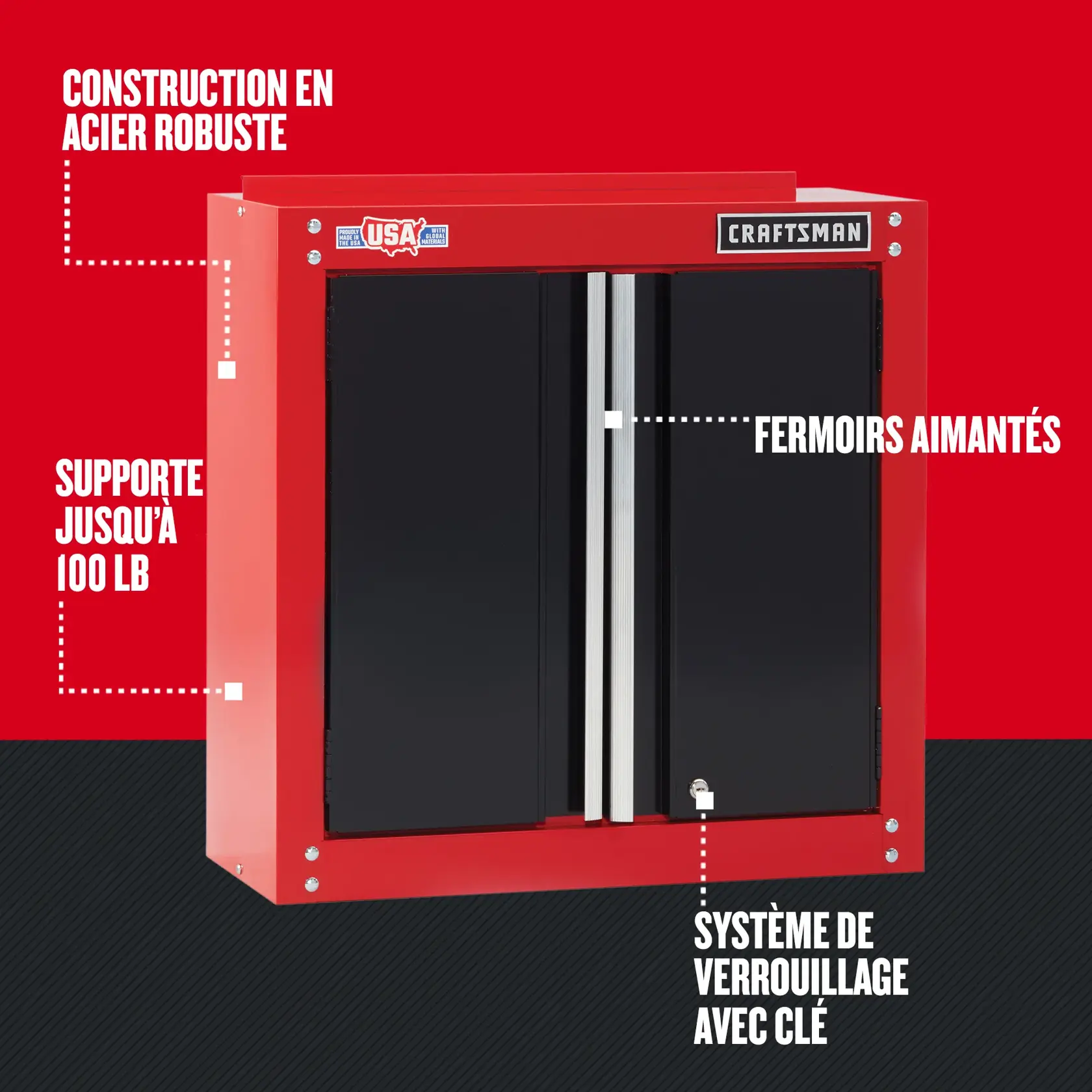 Graphique d’une construction en acier robuste avec fermoirs de porte aimantés et verrouillage à clé; capacité de 100 lb