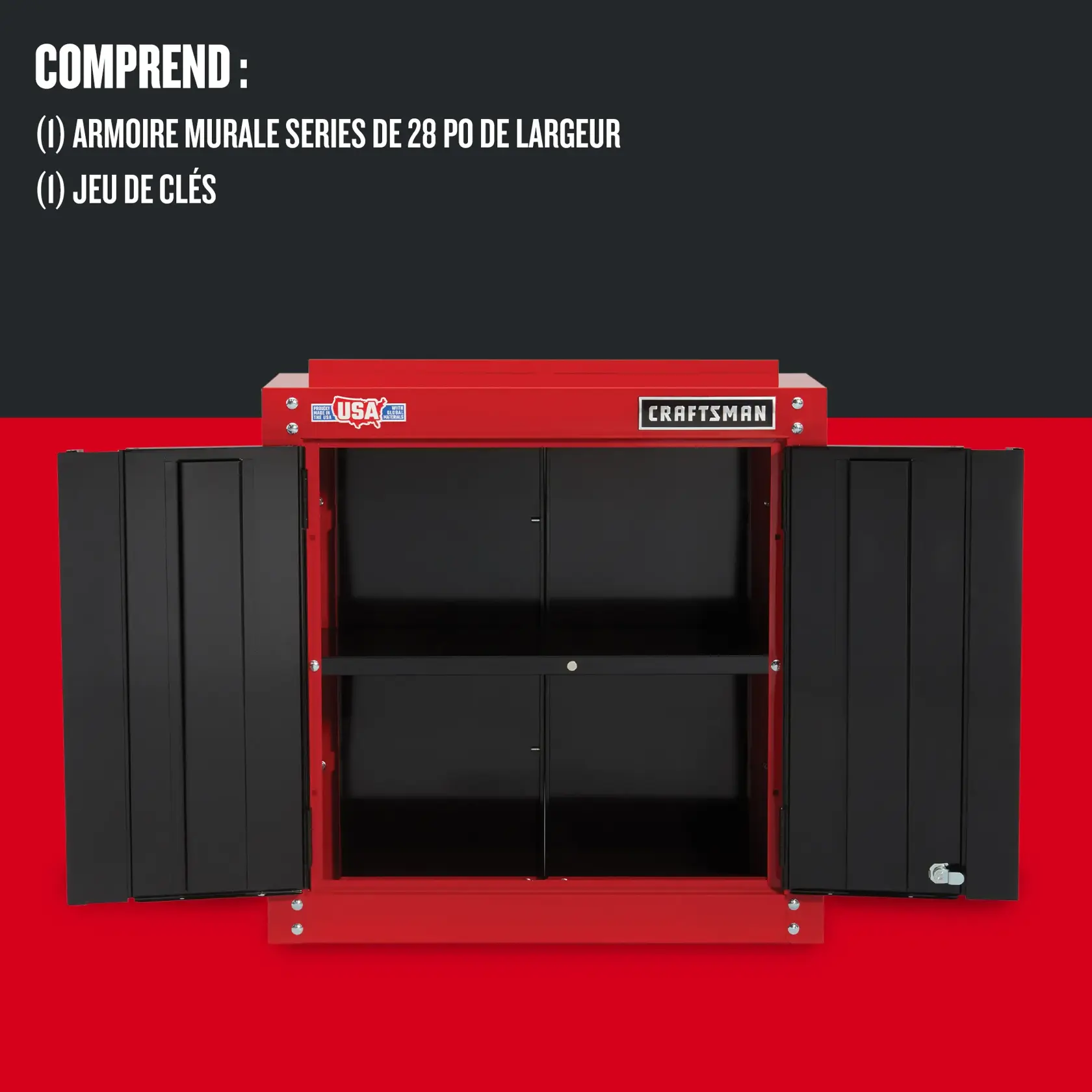 Armoire murale de garage, portes ouvertes et texte : comprend une armoire murale de garage, 28 po de largeur, avec clés