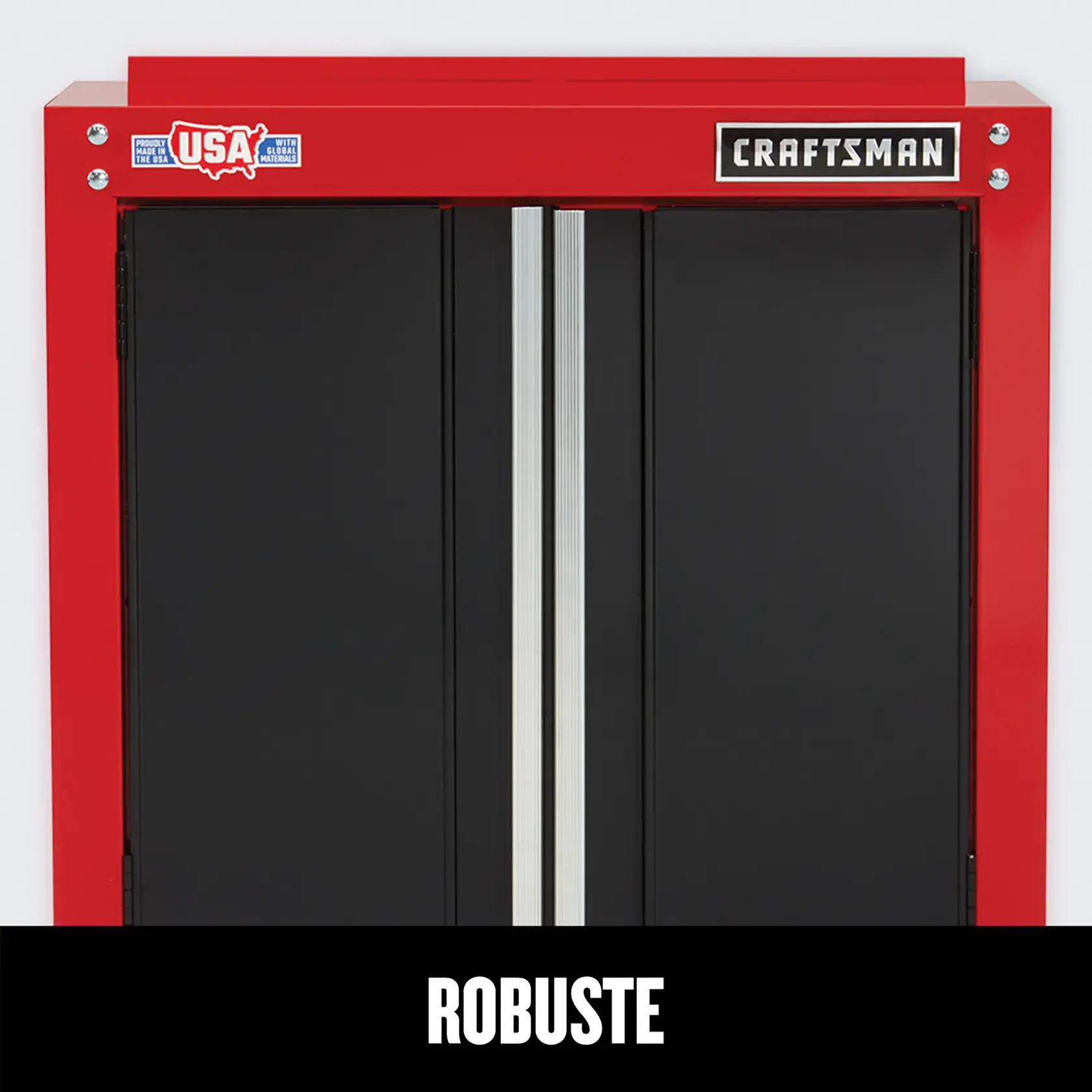 Armoire murale du garage avec texte soulignant les caractéristiques de construction en acier robuste