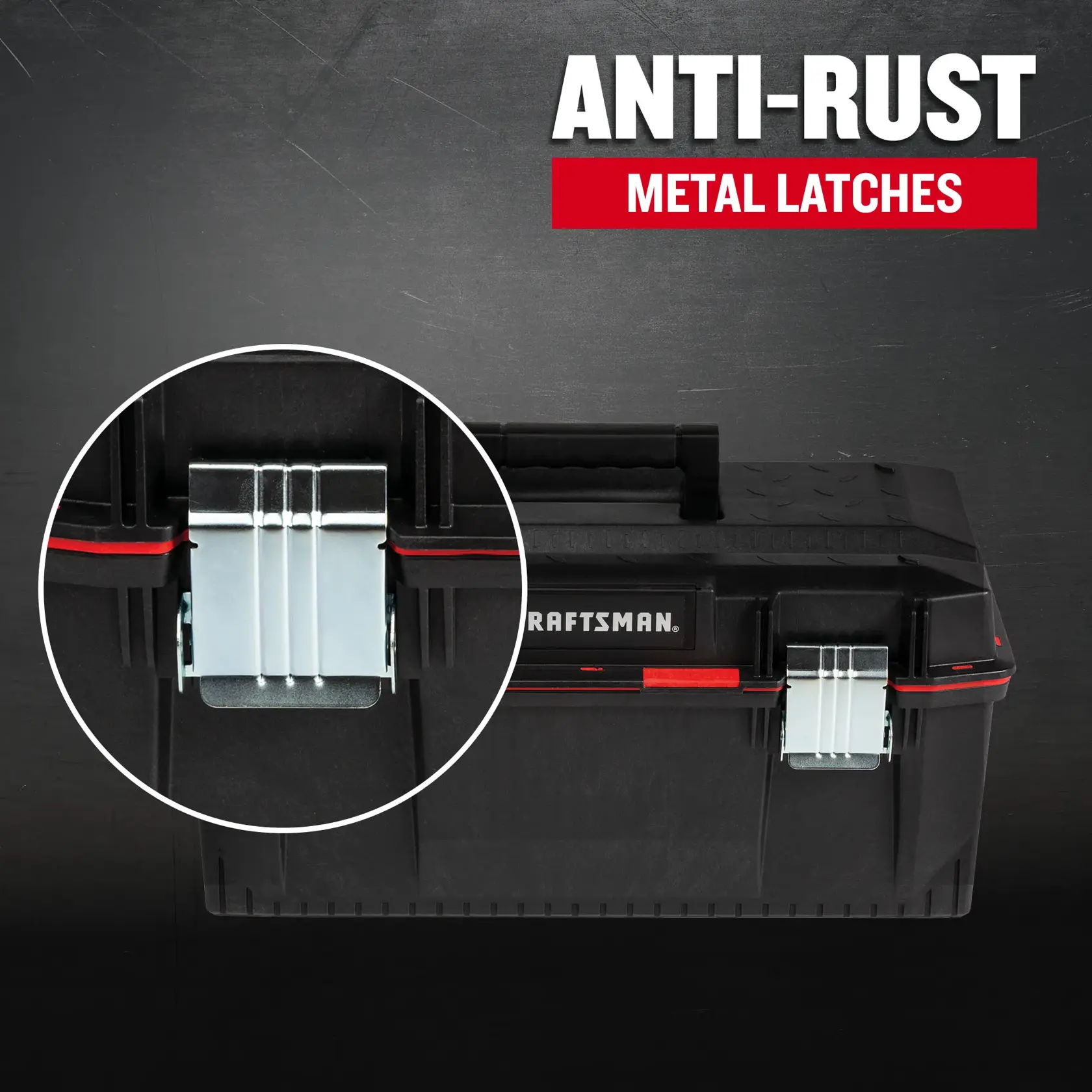A black Craftsman toolbox with anti-rust metal latches is shown. There is a close-up circular inset displaying one of the metal latches in detail. The image highlights the rust-resistant feature of the latches.