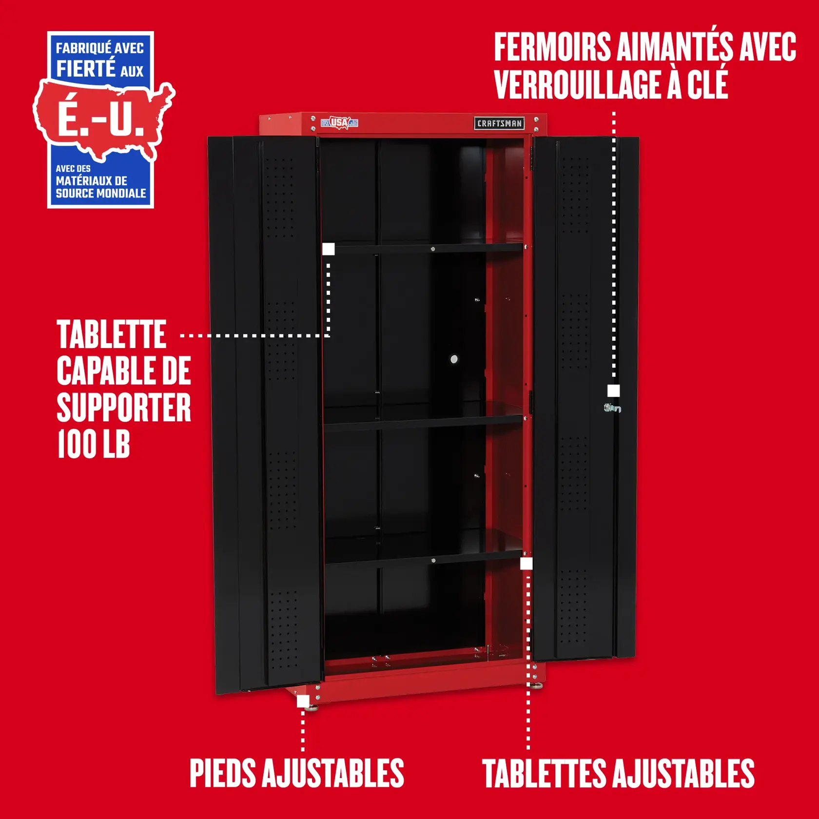 Caractèristiques des produits de la gamme de rangement CRAFTSMAN : Armoires murales et sur plancher avec roues