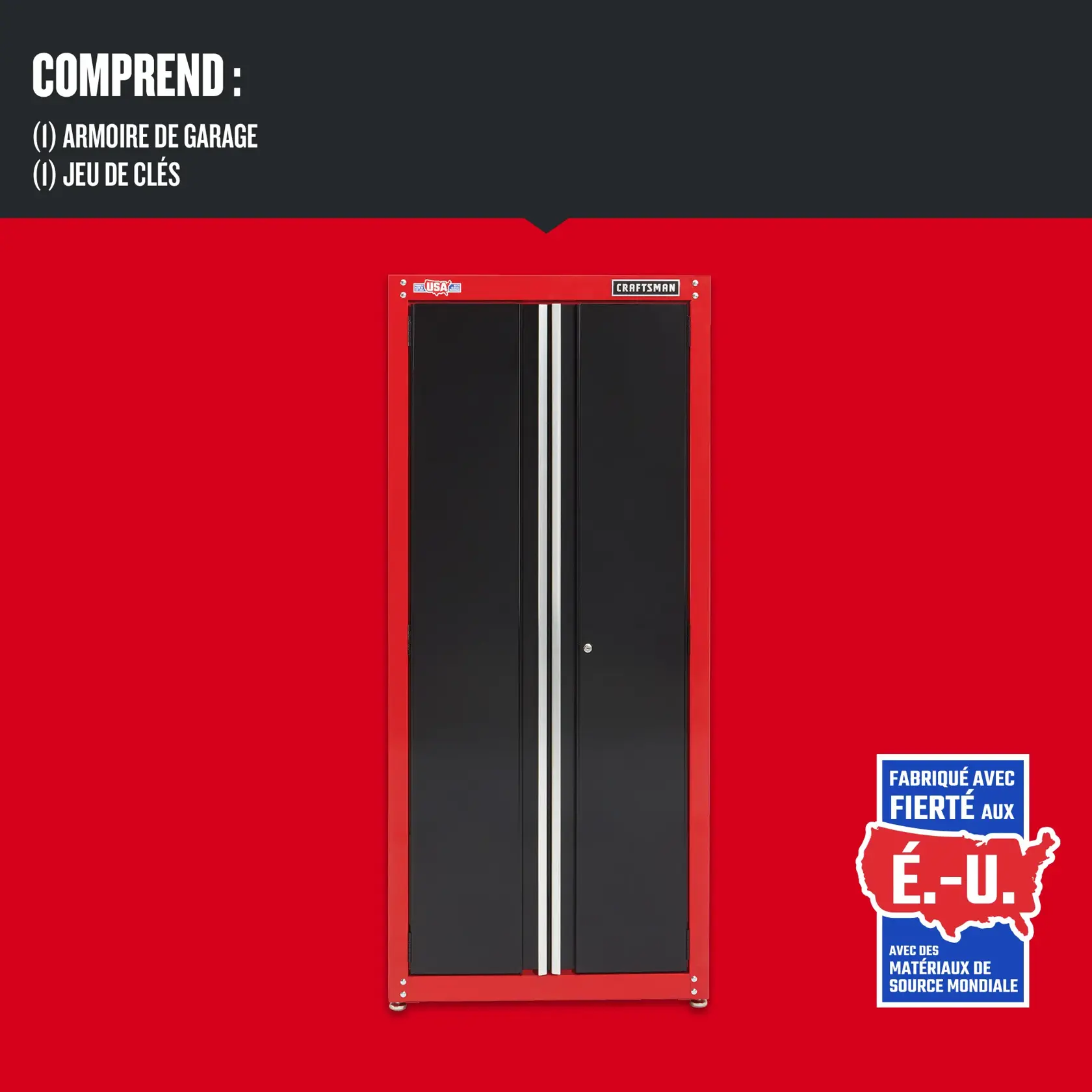 Caractèristiques des produits de la gamme de rangement CRAFTSMAN : Armoires murales et sur plancher avec roues