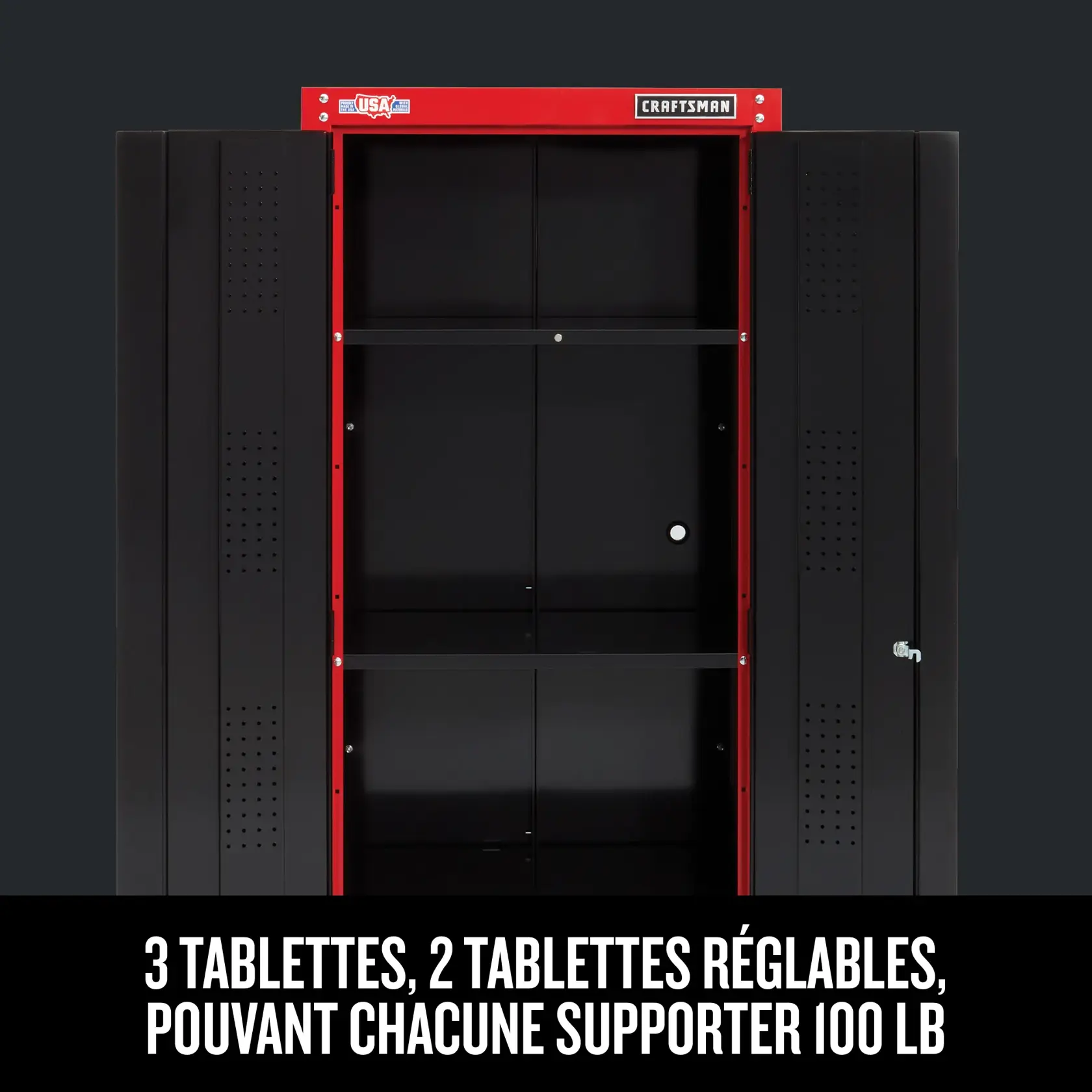 Caractèristiques des produits de la gamme de rangement CRAFTSMAN : Armoires murales et sur plancher avec roues