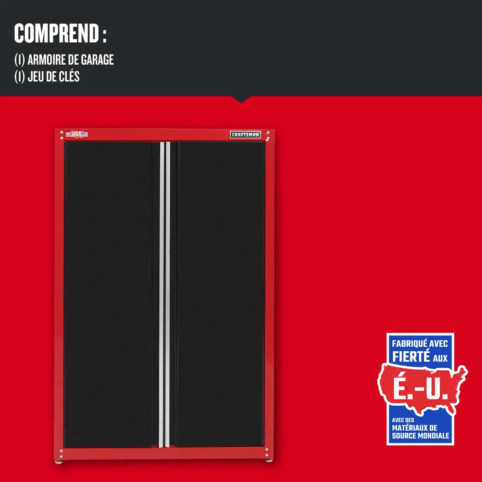 Caractèristiques des produits de la gamme de rangement CRAFTSMAN : Armoires murales et sur plancher avec roues