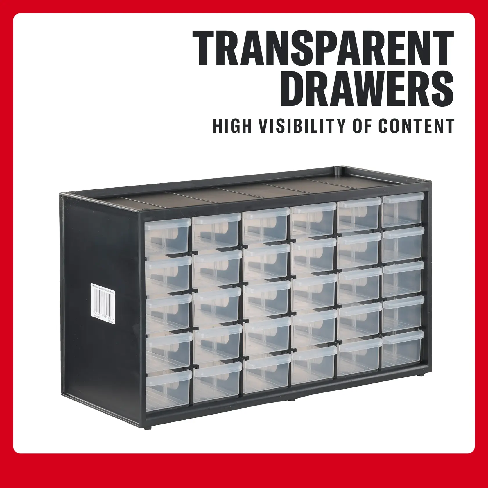 Craftsman CMST40730 black storage cabinet with 30 transparent drawers, angled view, white background