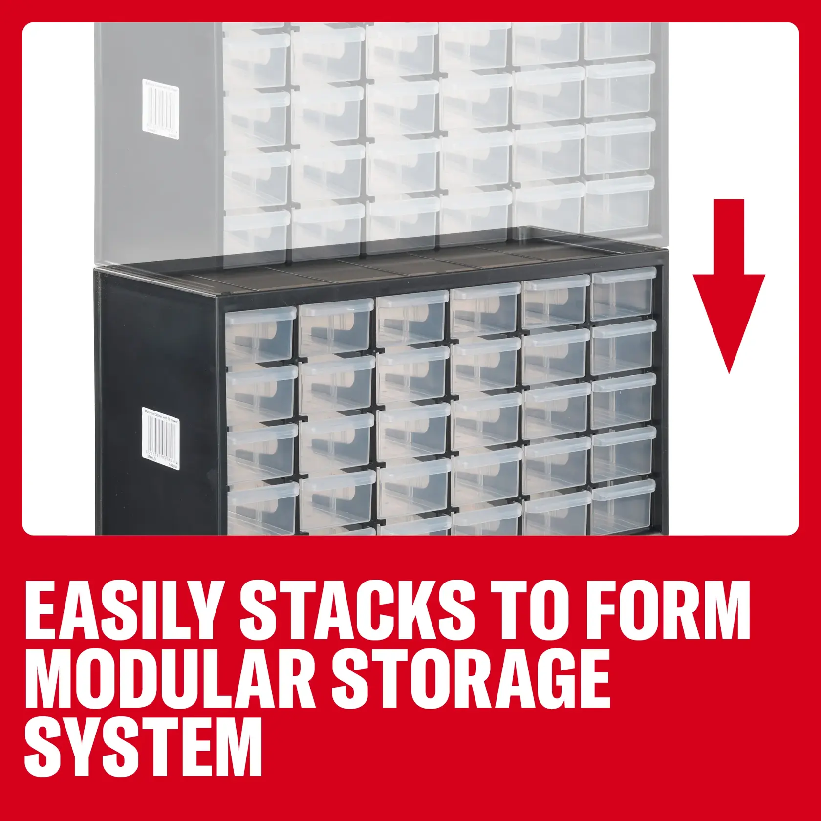 Craftsman modular storage cabinet CMST40730 with stackable clear drawers, front angle photo.