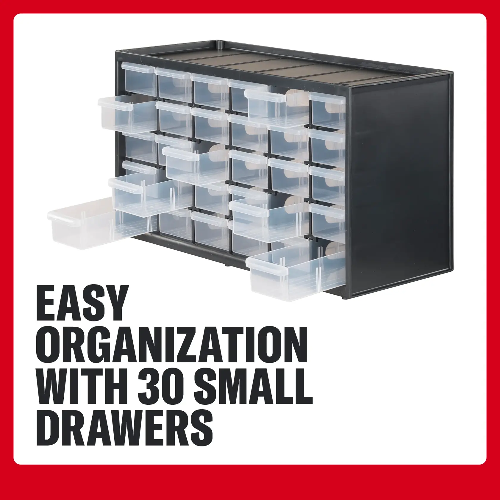 CRAFTSMAN CMST40730 organizer with 30 clear small drawers, black frame, front angle on white background.