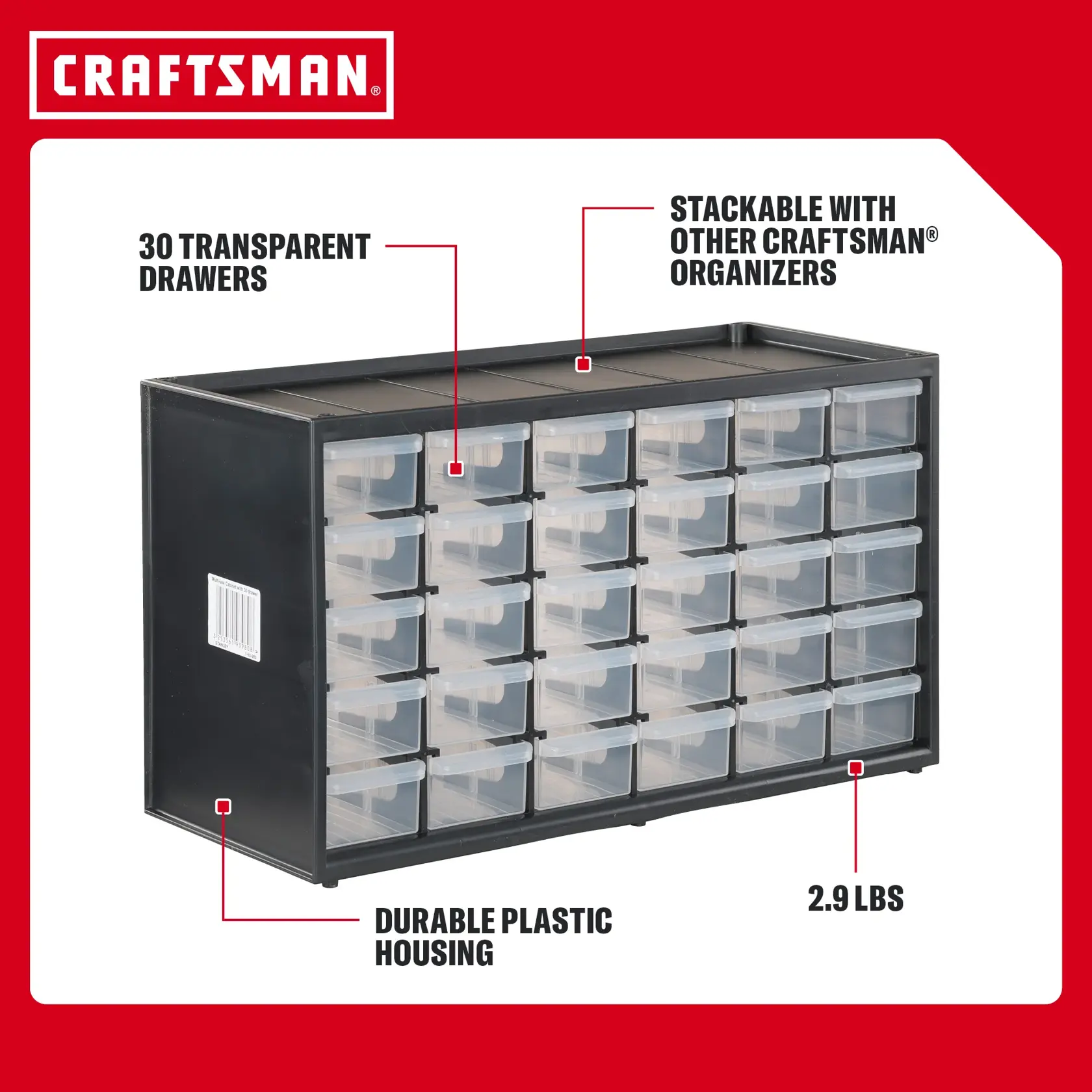 Craftsman CMST40730 plastic organizer with 30 transparent drawers, stackable design, side angle on white.