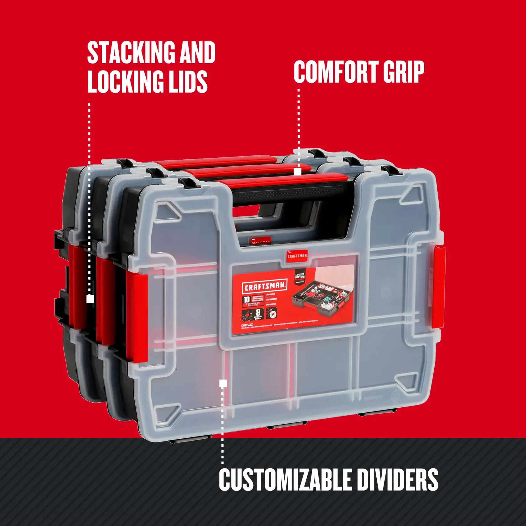 Graphic of CRAFTSMAN Storage: Part Organizers highlighting product features