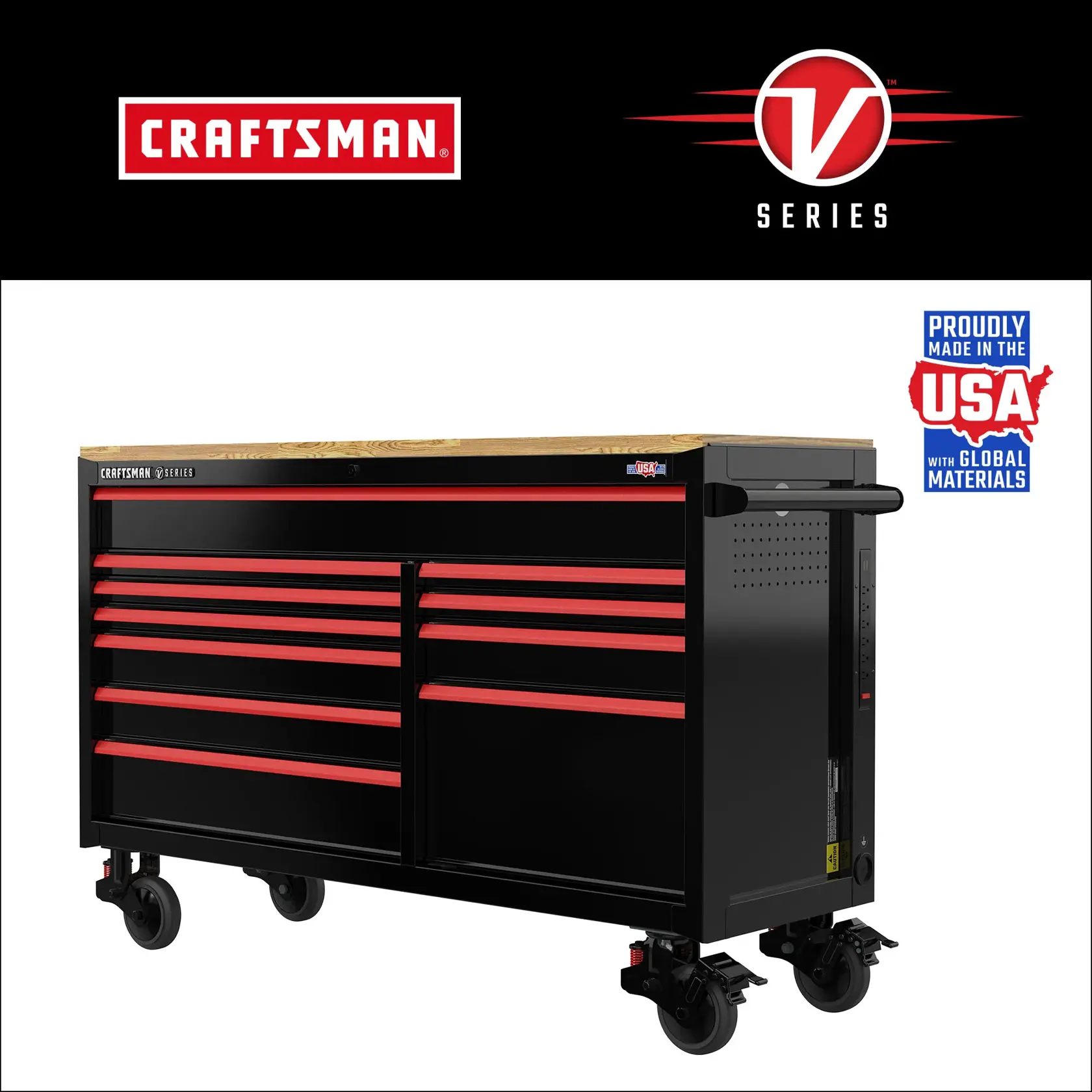 Craftsman CMSTVS6311BK V-Series black tool chest with red drawers, wood top, front angle on white background.