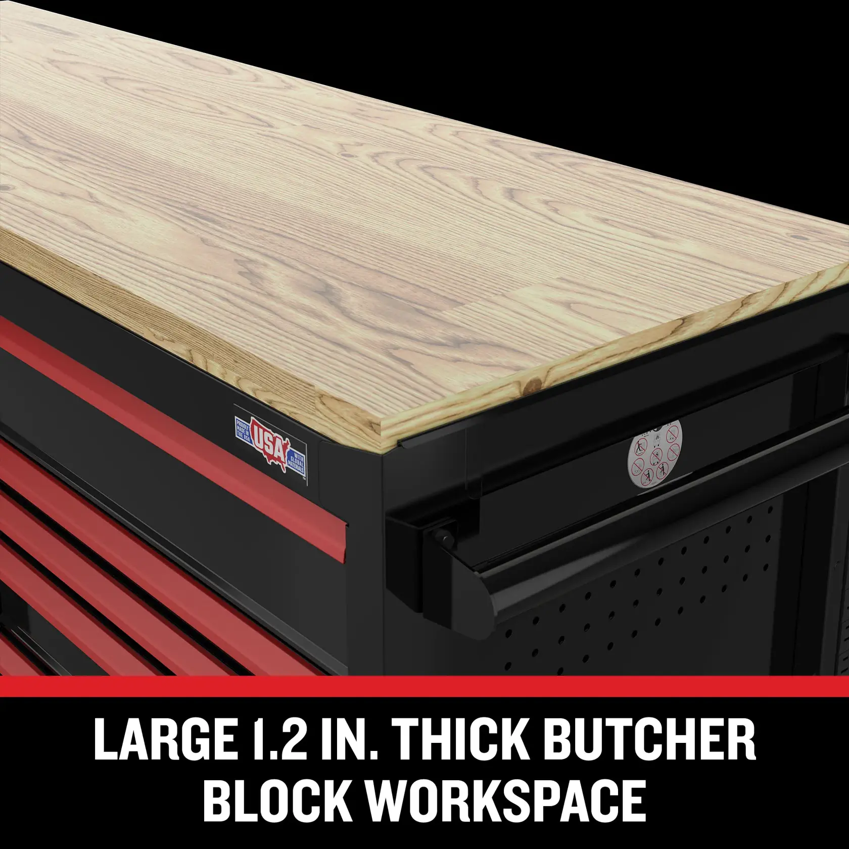 CRAFTSMAN graphics showing butcher block workspace, 1.2 inch thick, wood top, black and red, CMSTVS6311BK.