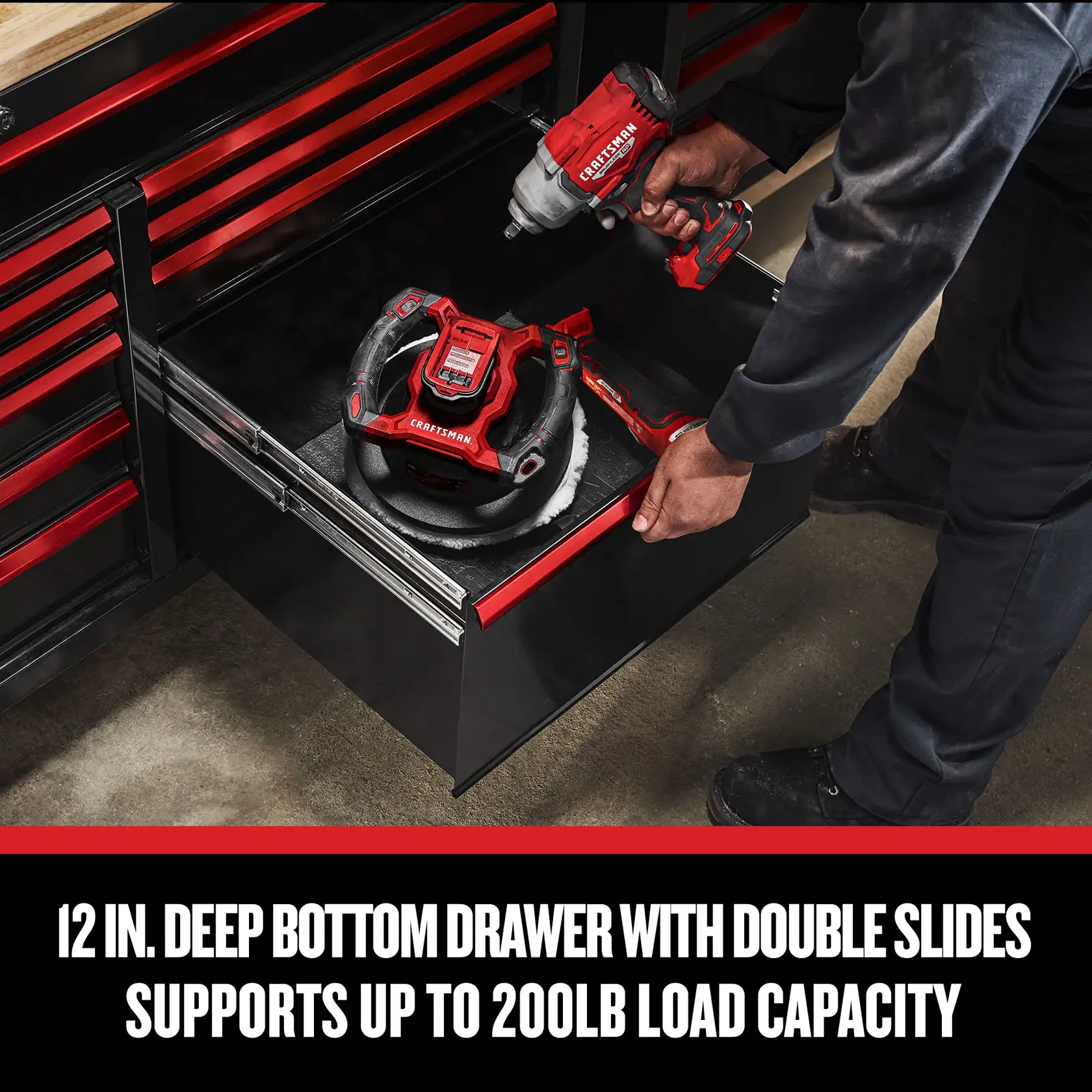 Photo of CRAFTSMAN CMSTVS6311BK graphics showing a deep tool chest drawer holding red power tools.
