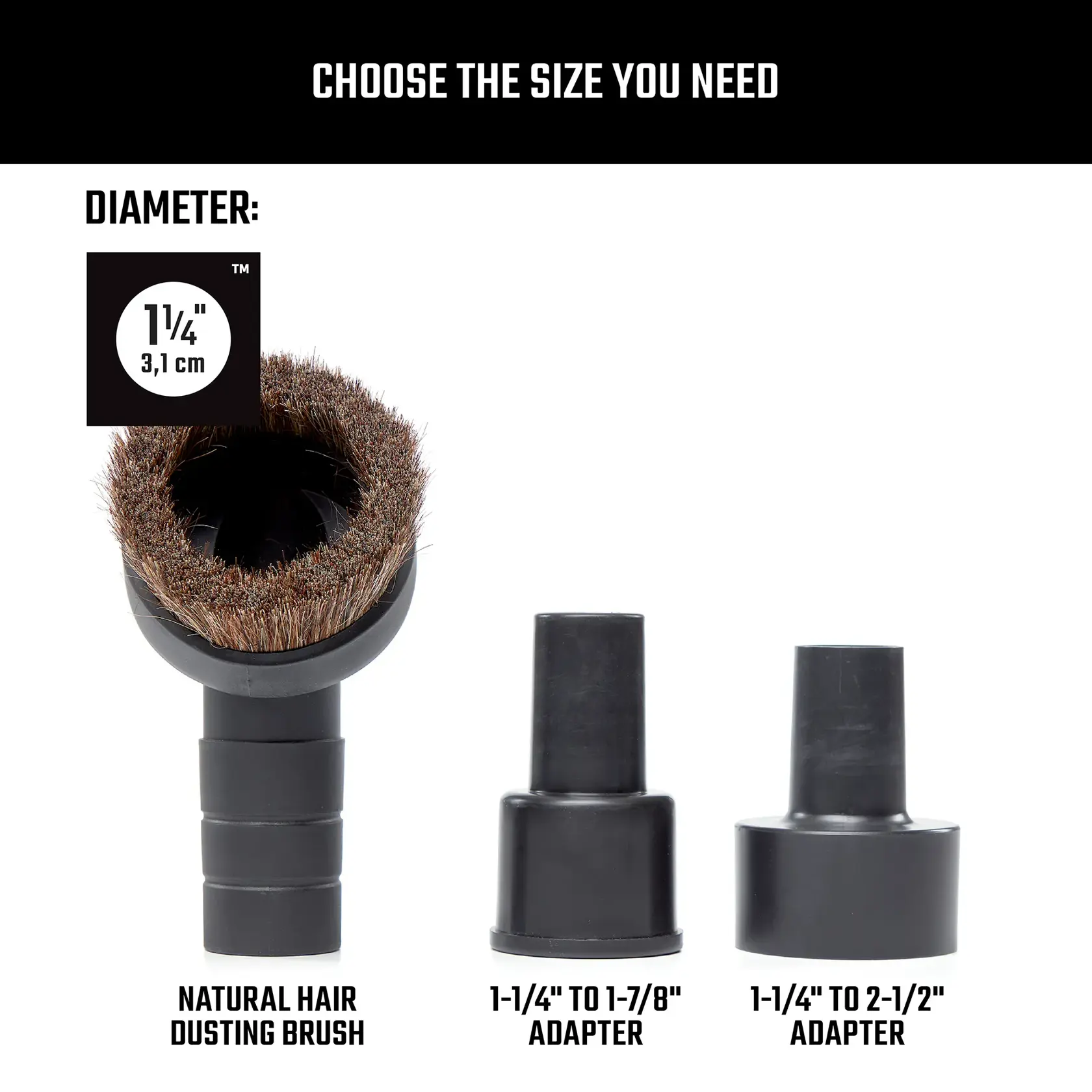 Craftsman CMXZVBE38785 natural hair dusting brush and two black plastic adapters, front angle, white background.