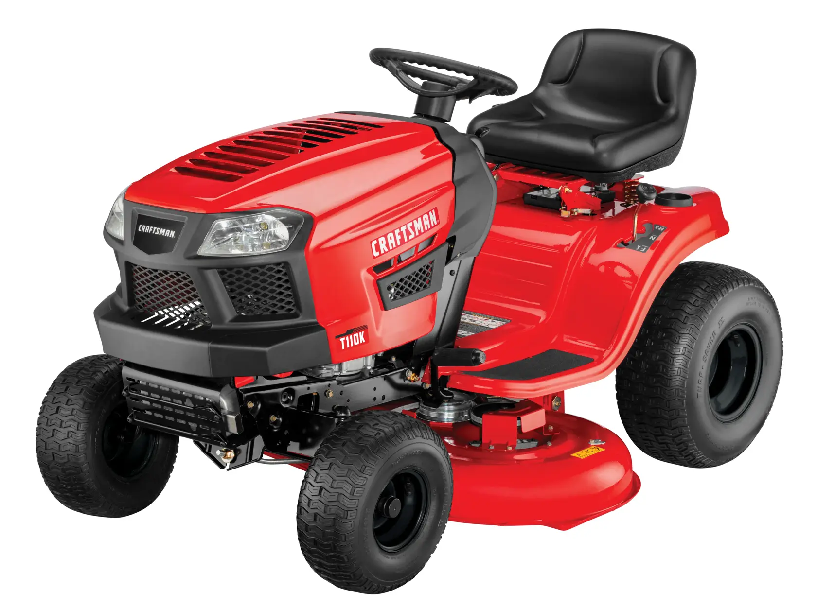 A red riding lawn mower with large black tires, a comfortable black seat, and a steering wheel. The brand name 'Craftsman' is visible on the side and front of the mower.