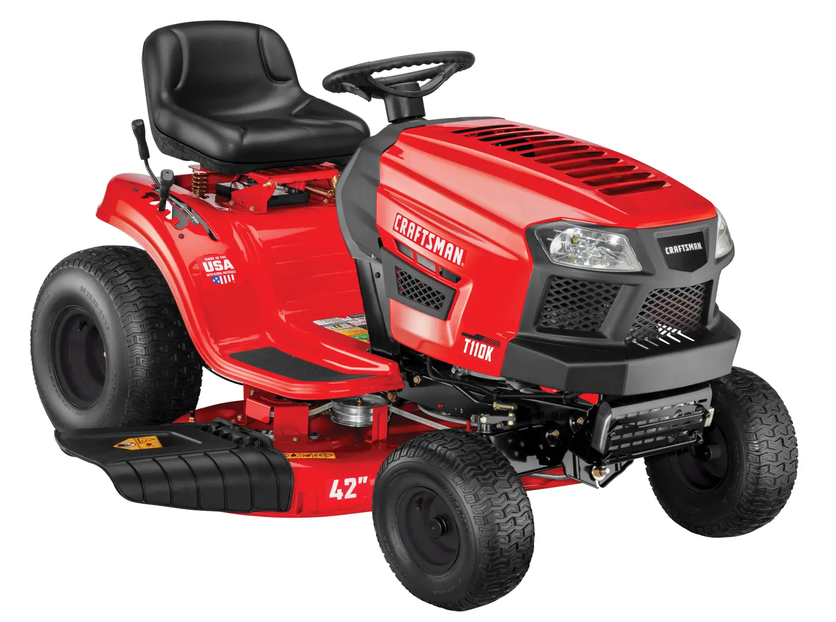 A red riding lawn mower with black seat and steering wheel, labeled with the brand Craftsman and model T110K, featuring large rear wheels and a 42-inch cutting deck.