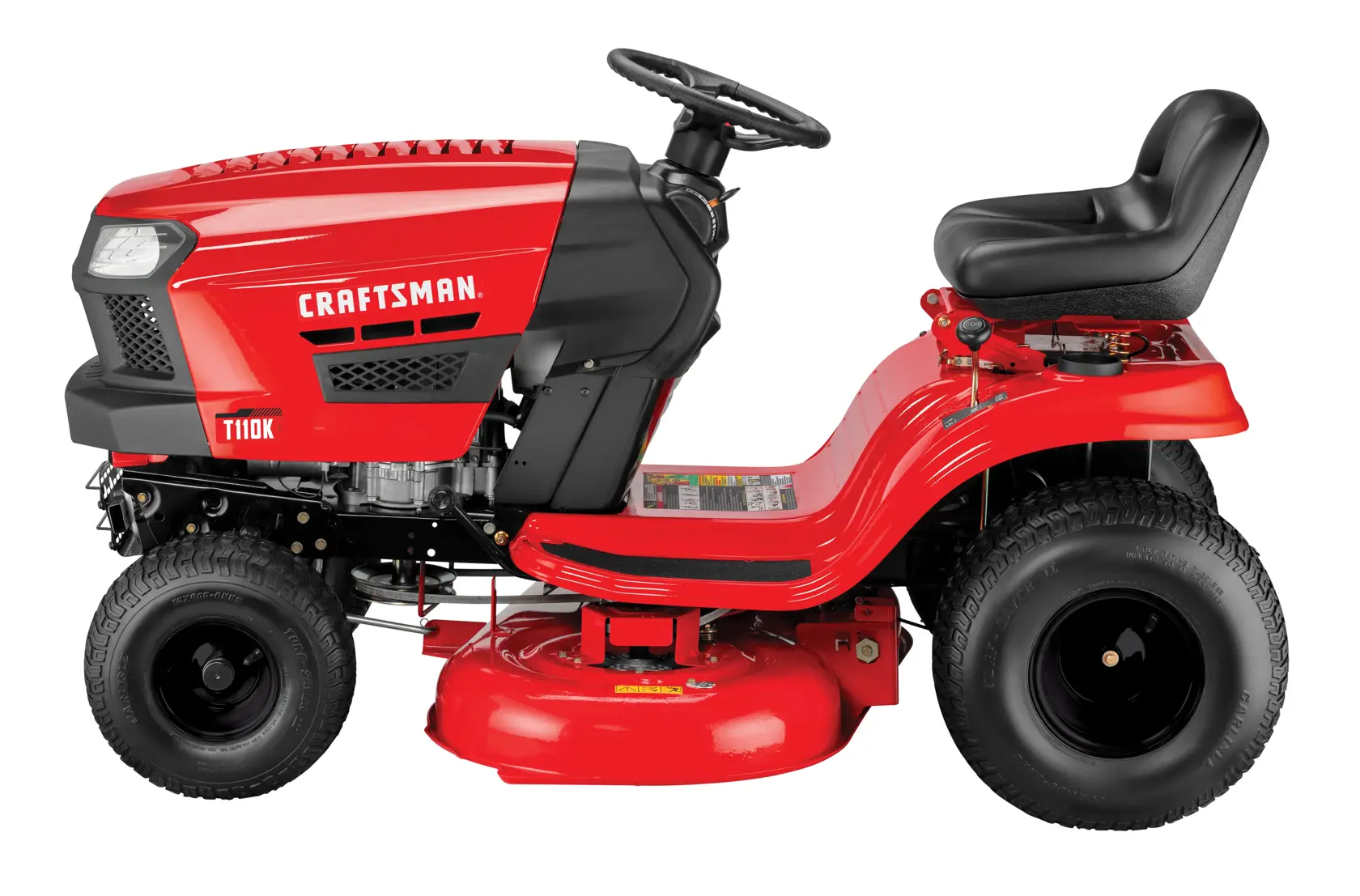 Side view of a red Craftsman riding lawn mower with a black seat and steering wheel, shown isolated on a white background.