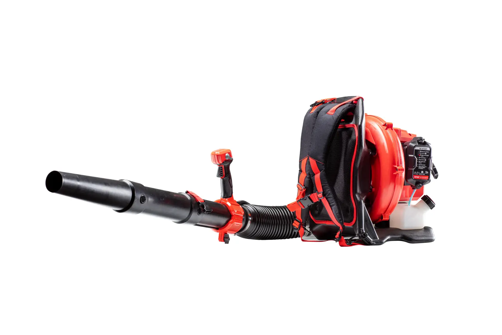 Craftsman CM41AR51BP593 backpack leaf blower, red and black, side angle on white background.