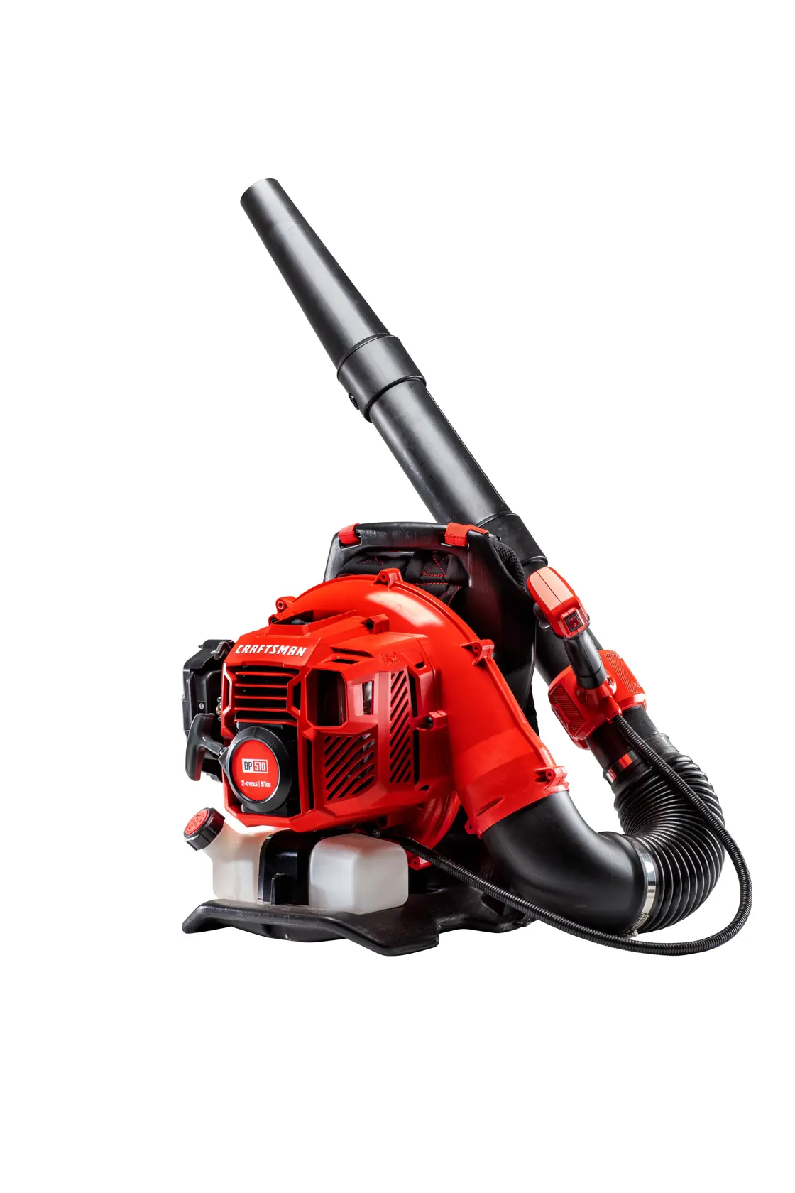 Photo of Craftsman red backpack leaf blower CM41AR51BP593 with black nozzle, angled on white background.