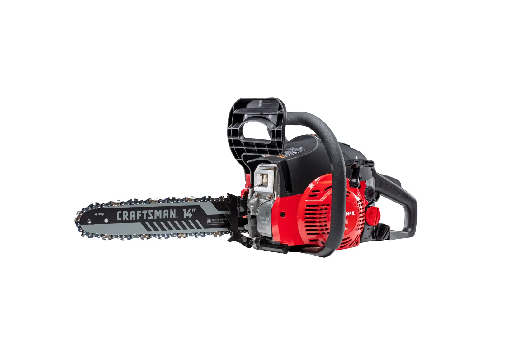 A red and black Craftsman 14-inch chainsaw with a metal blade and chain, featuring a protective hand guard and ergonomic handles, photographed on a white background.